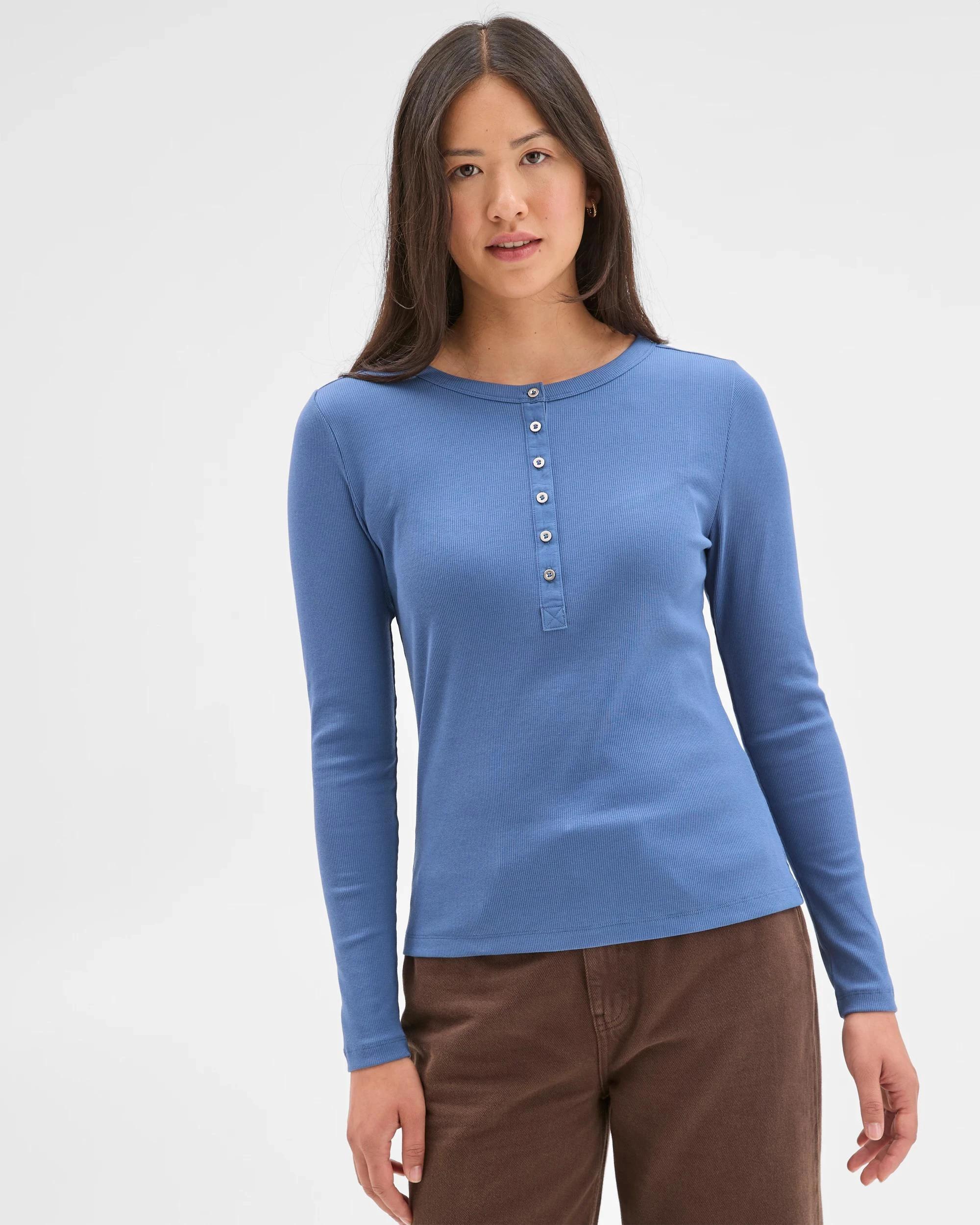 1 Target Woman Australian Cotton Long Sleeve Rib Henley T-Shirt BLUE JAY, 1 of 7