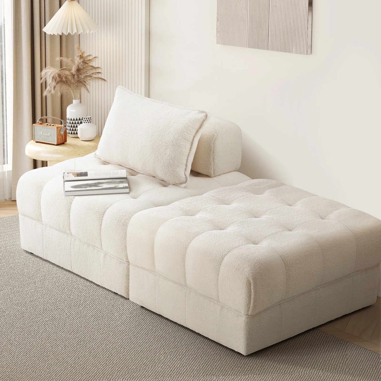 2 Oikiture 2 Seater Boucle Modular Sofa & Ottoman Set Armless Tofu Back
 - White, 2 of 10