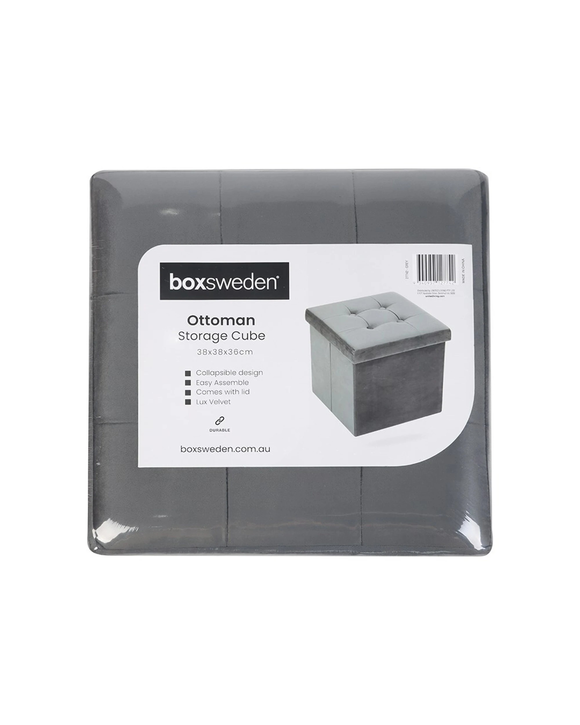 3 Boxsweden Ottoman Storage Cube Faux Velvet Collapsible Design Lid Included - Grey, 3 of 4