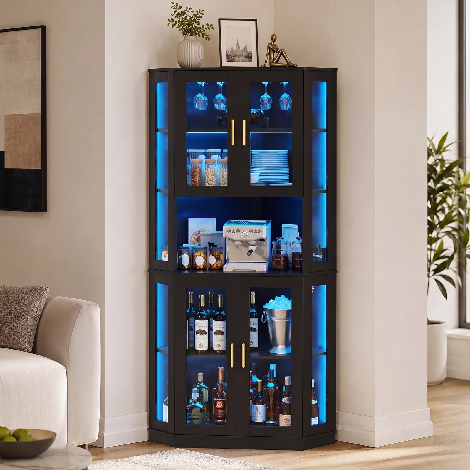 2 Advwin 5-Tier Corner Glass Wine Bar Cabinet with LED Lights Built-In Wine Glass Rack - Black, 2 of 9