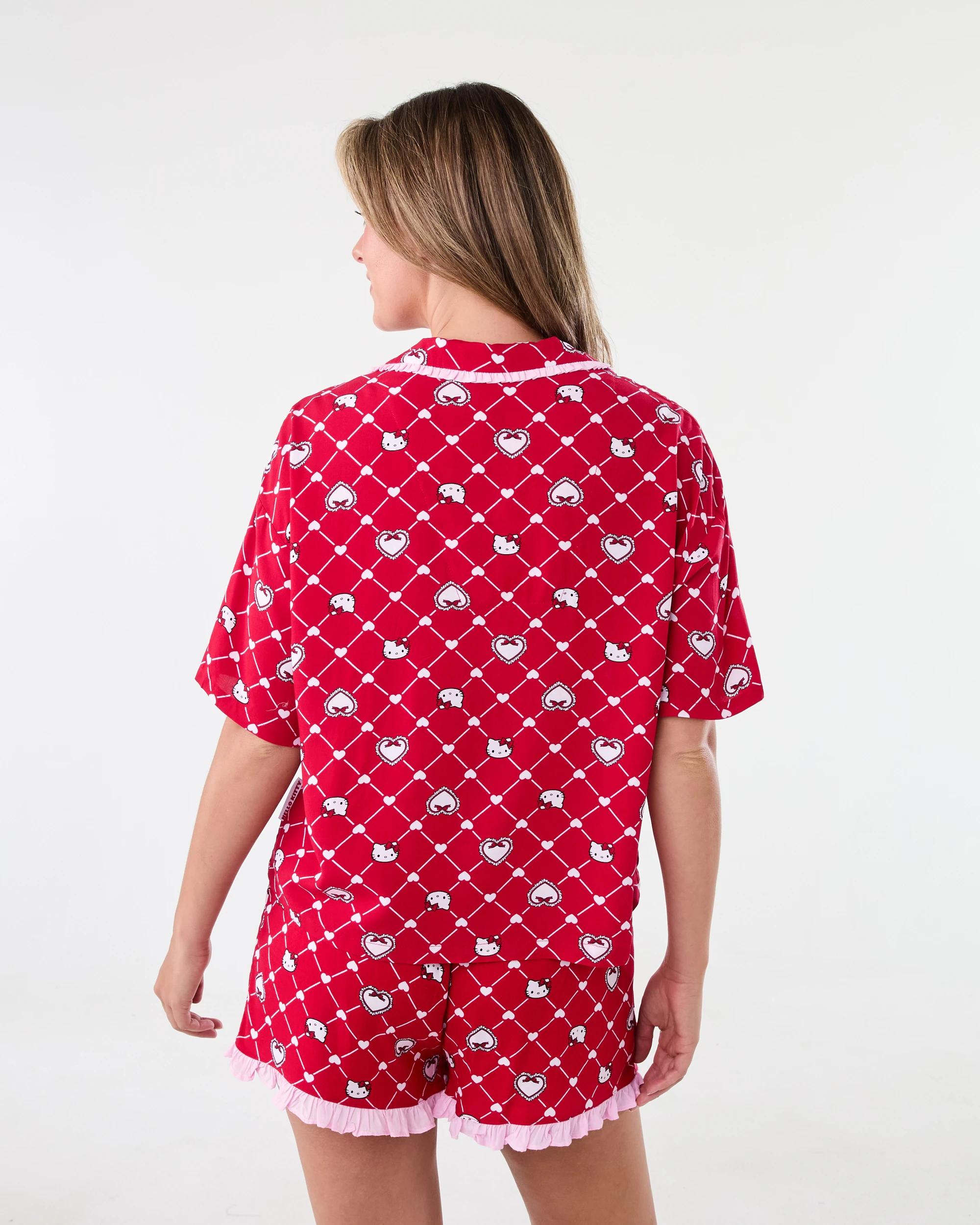 3 Hello Kitty License Frill Short Sleeve Top and Shorts Woven Boxy Pyjama Set Kitt Heart, 3 of 10