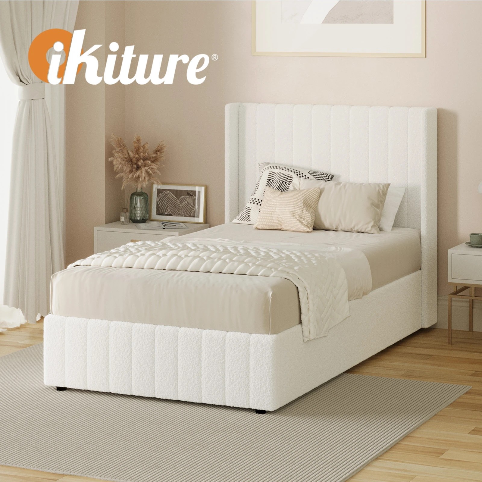 6 Oikiture King Single Bed Frame Gas Lift Base With Storage Boucle Fabric
 - White, 6 of 10