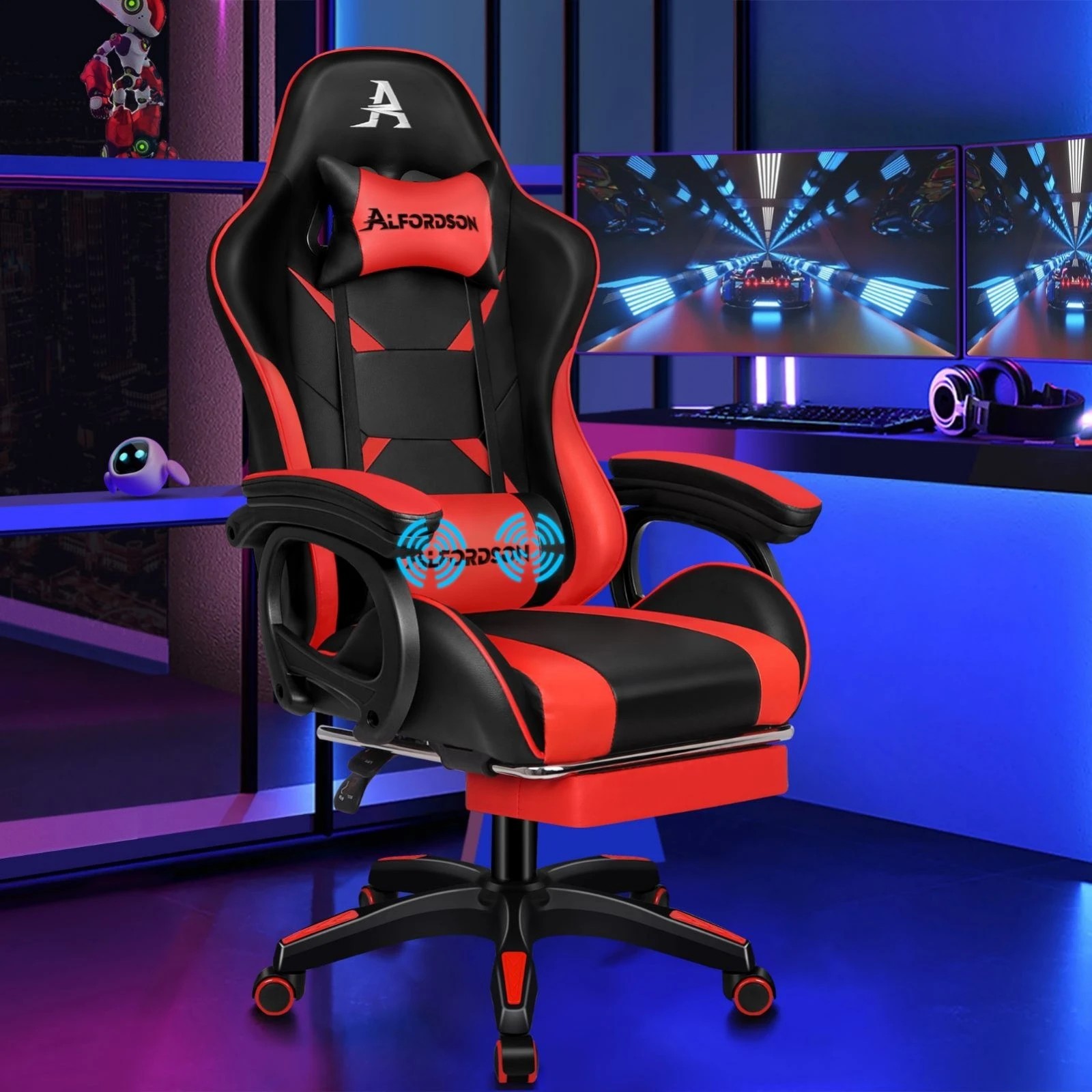 2 Alfordson Gaming Office Chair Racing Massage Computer Seat Footrest Leather - Red, 2 of 10