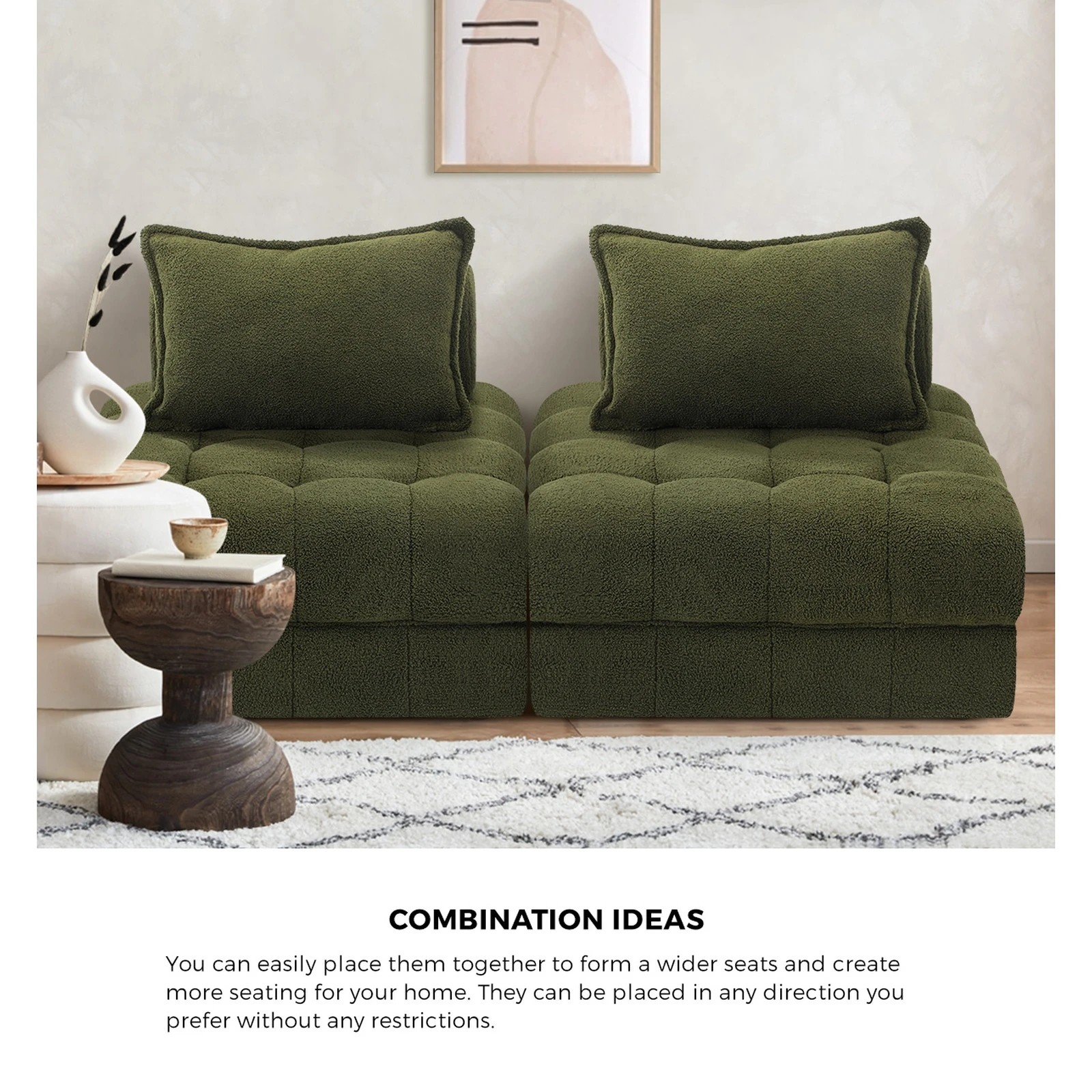 5 Oikiture 3 Seater Boucle Modular Sofa Lounge Chair Armless Tofu Back
 - Green - Green, 5 of 10