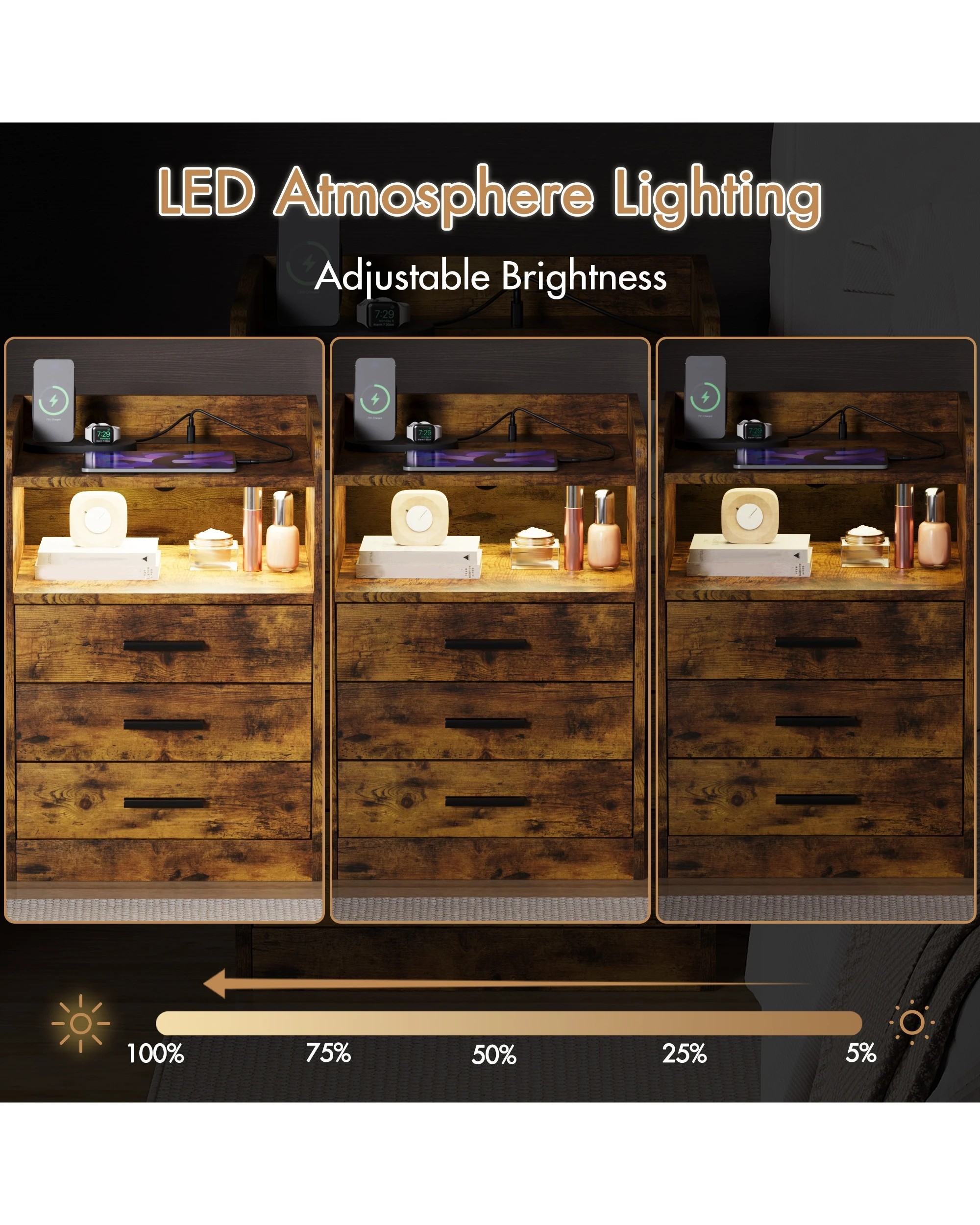 6 Advwin Bedside Table Rgb Led Nightstand Charging Station 3 Drawers Cabinet
 - Brown, 6 of 9
