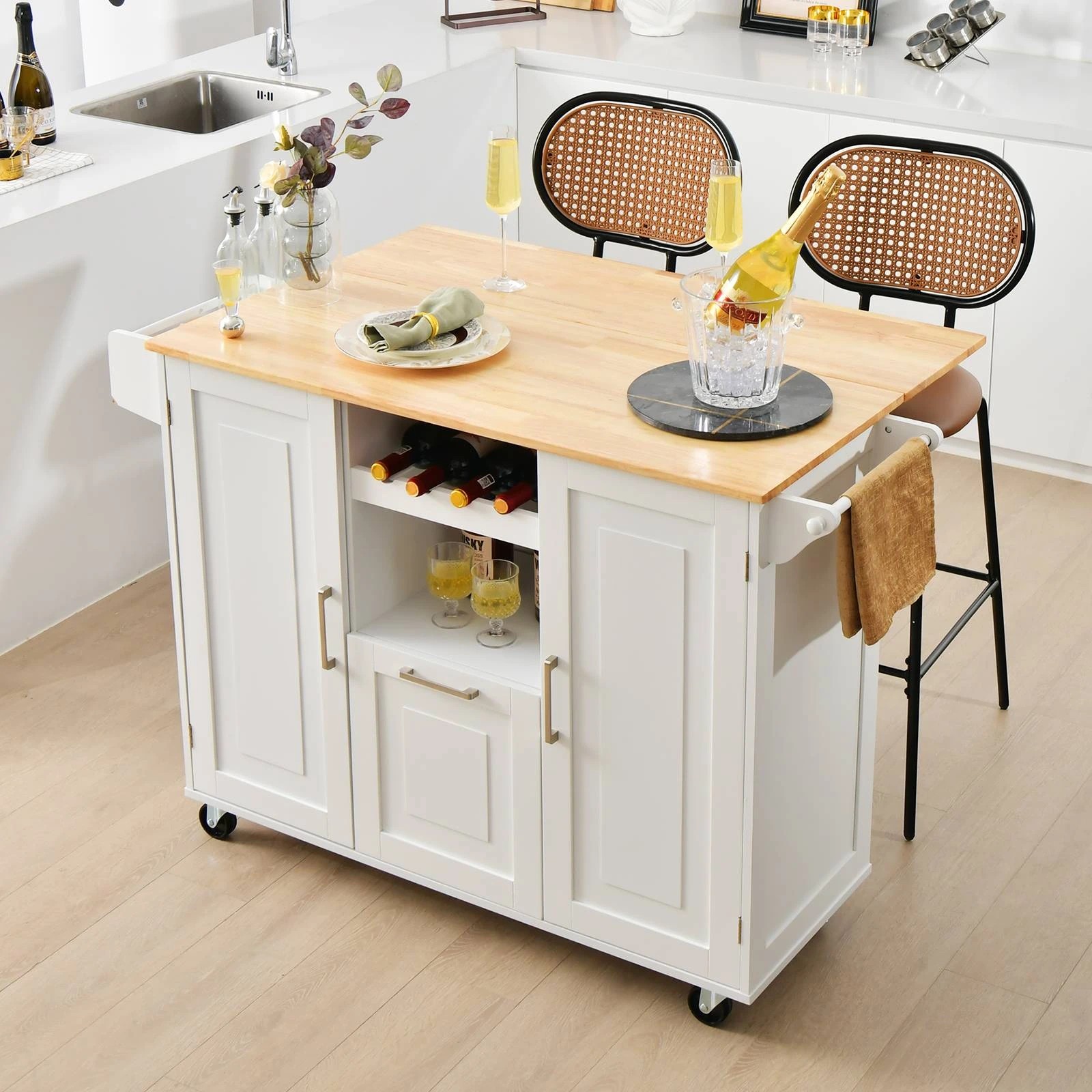 6 Costway Wood Kitchen Island Drop-leaf Trolley White, 6 of 9