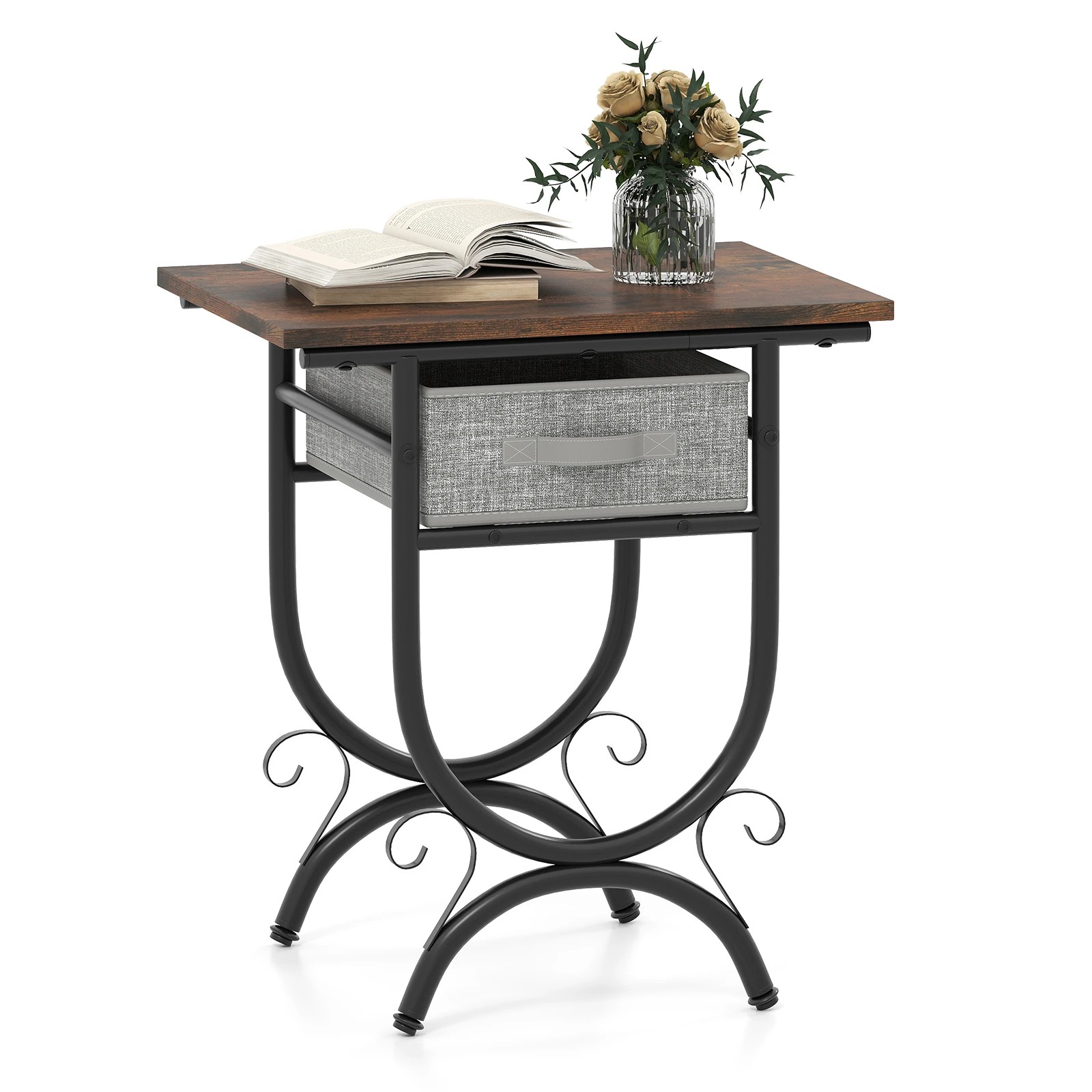 4 Costway Couch Side Table w/Fabric Drawer & Carved Metal Frame Compact Bedside End Table, 4 of 4