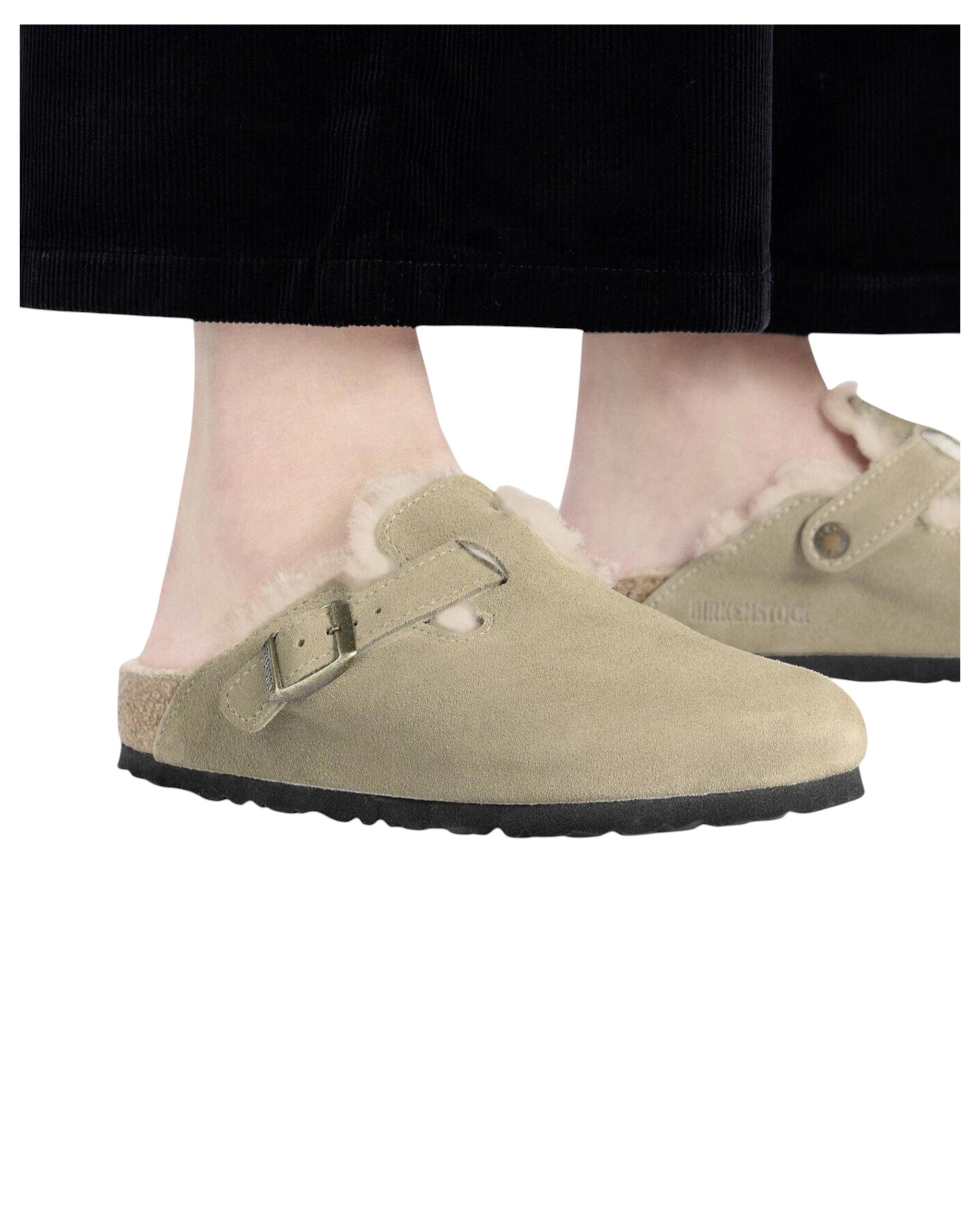 8 Birkenstock Womens Boston Shearling Suede Leather Narrow Slip On Sandals TAUPE, 8 of 8