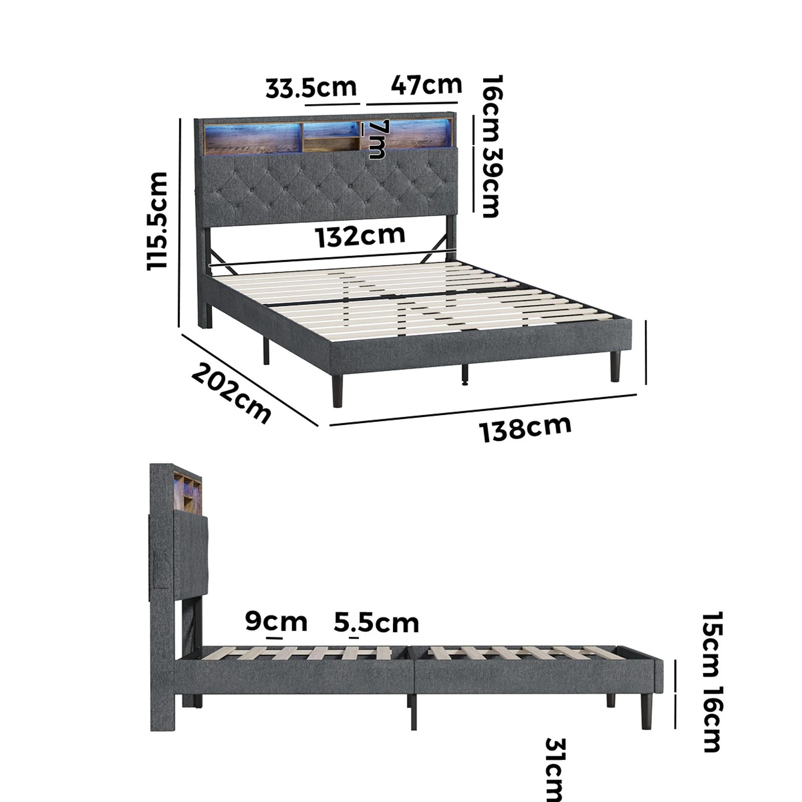 10 Oikiture Double Bed With Led Storage Bedhead Bed Frame
 - Grey, 10 of 10