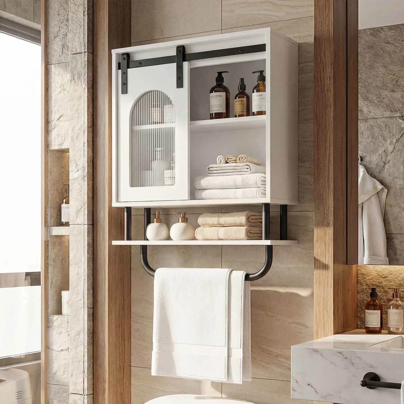 2 Costway Bathroom Wall Cabinet Farmhosue Medicine Cabinet w/Storage Shelf - White, 2 of 4