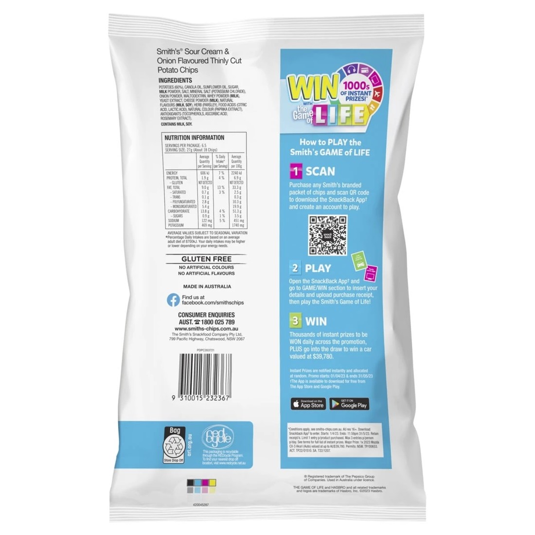 2 Smith's Thinly Cut Sour Cream & Onion Potato Chips 175g, 2 of 2