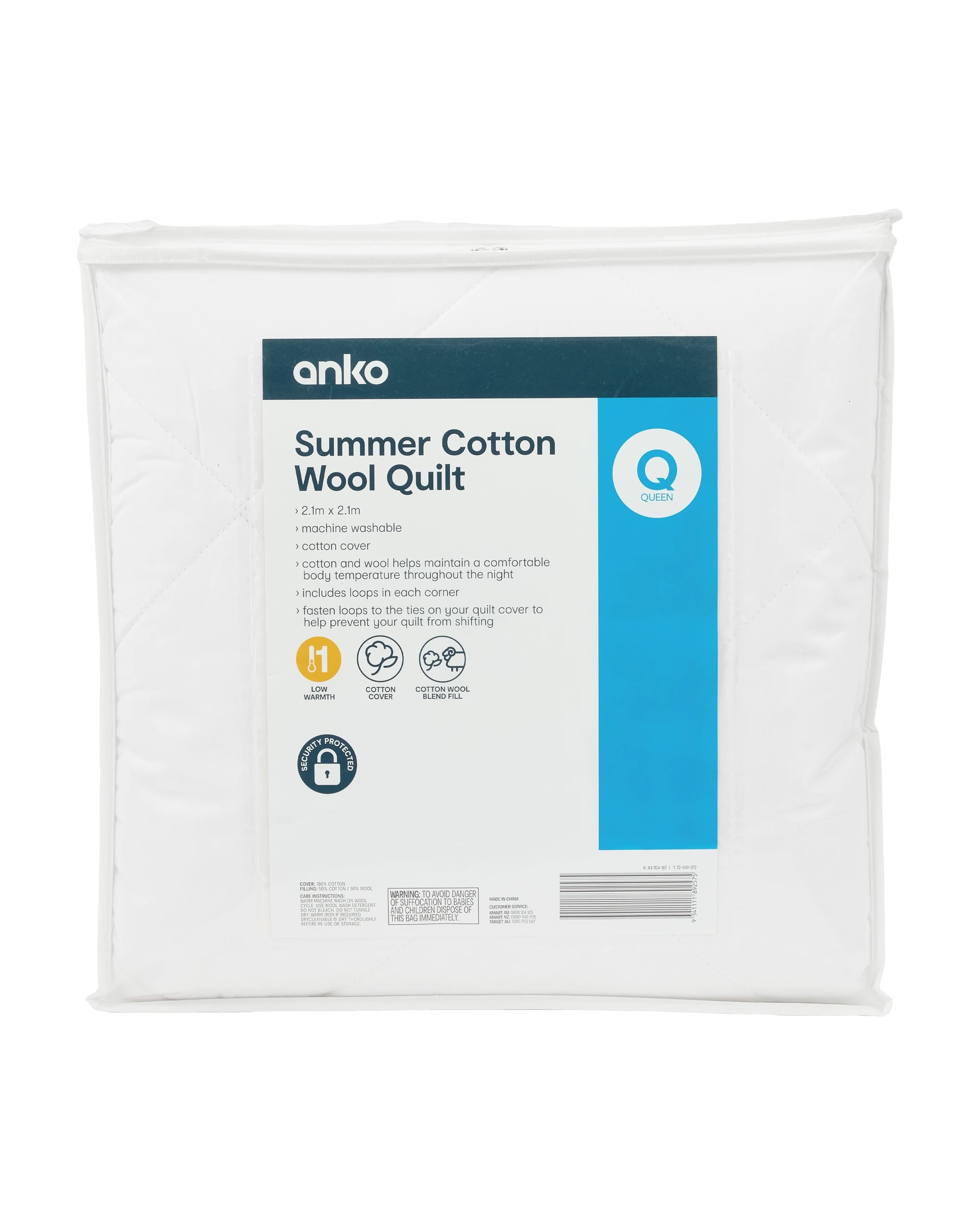 1 Low Warmth Summer Cotton Wool Quilt - Queen Bed, White, 1 of 4