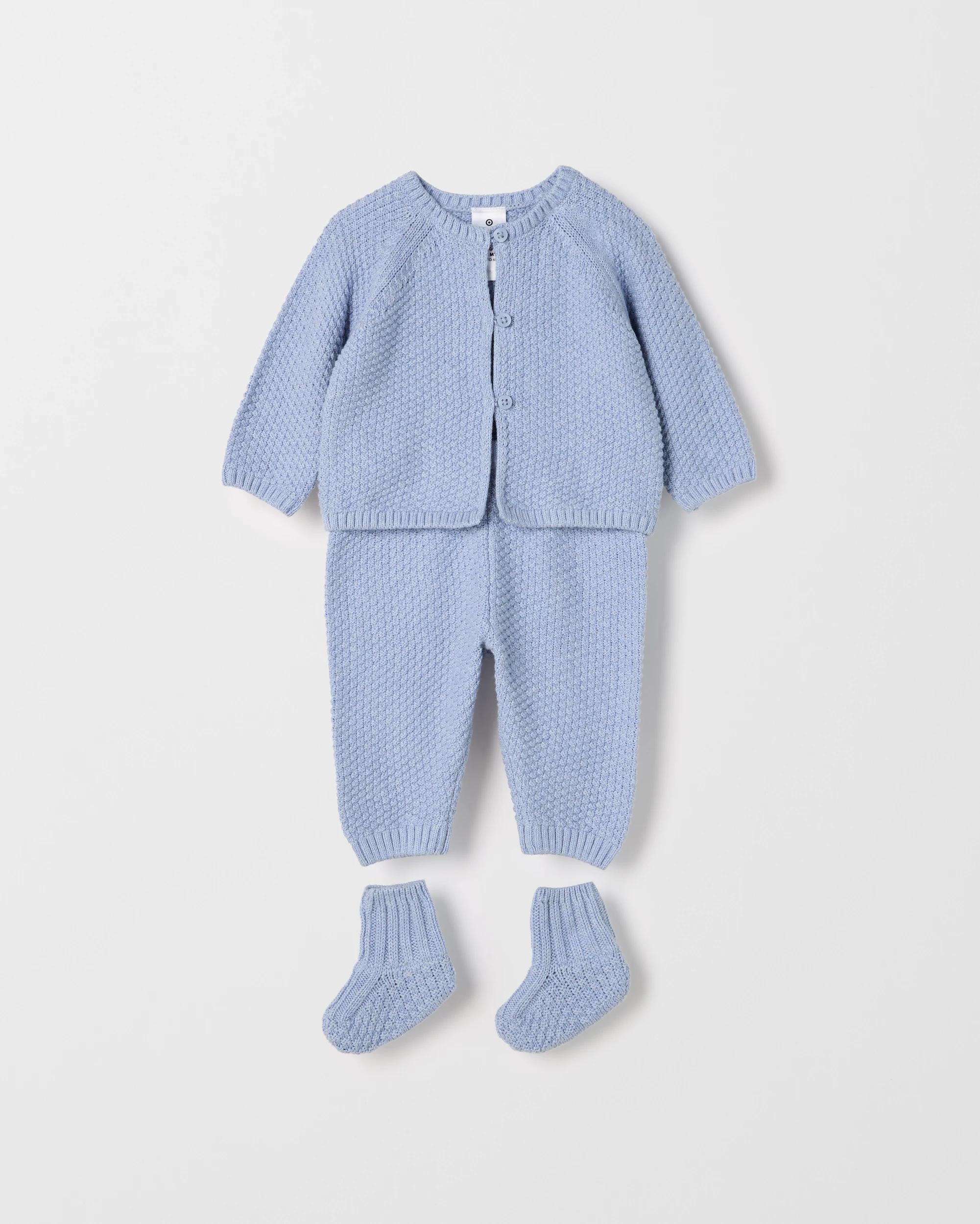 1 Target Baby Baby Organic Cotton Cardigan, Pants and Bootie Knit Set BLUE, 1 of 3