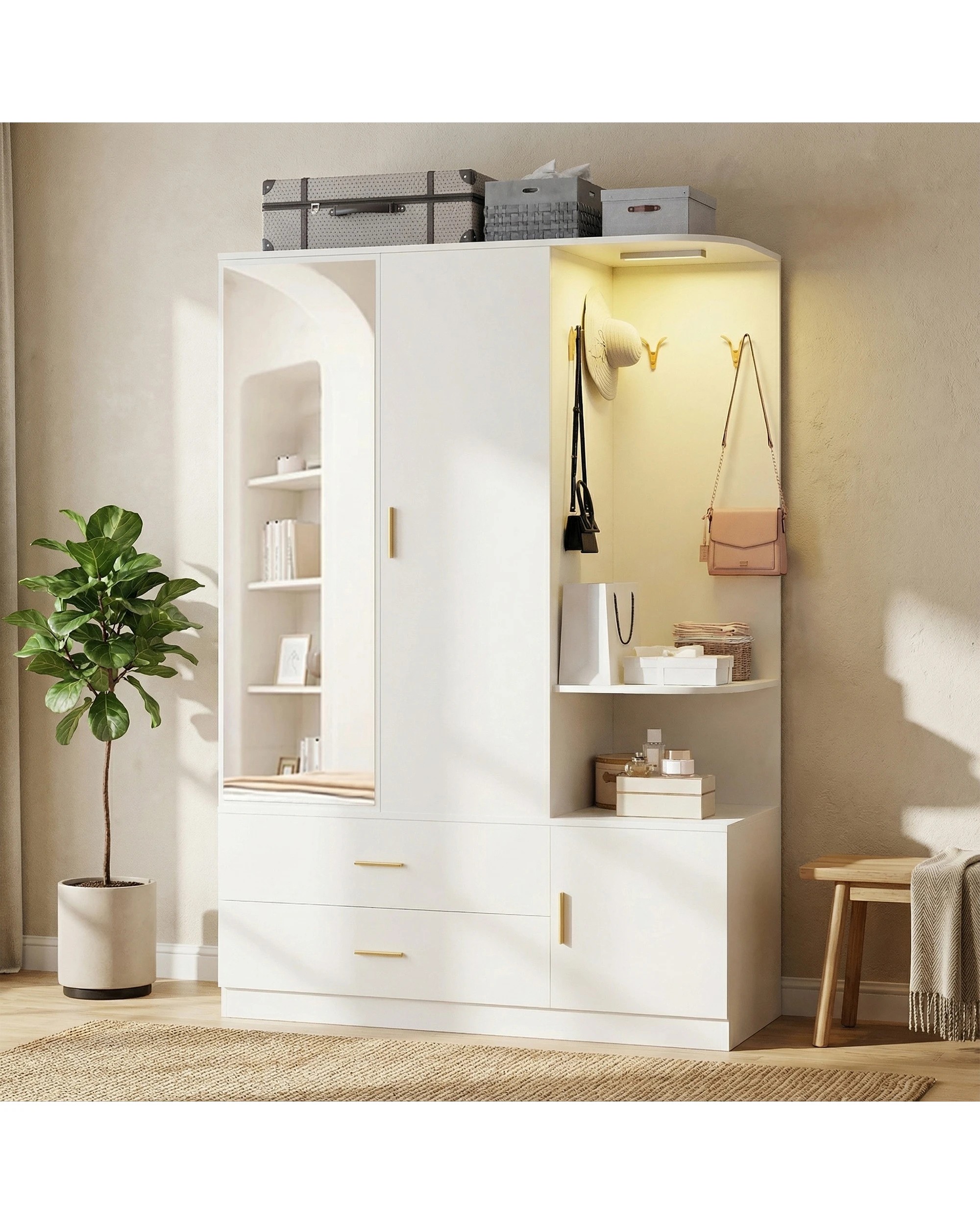 2 Advwin 3 Doors Armoire Wardrobe Closet with Mirror & Sensor Light - White, 2 of 9