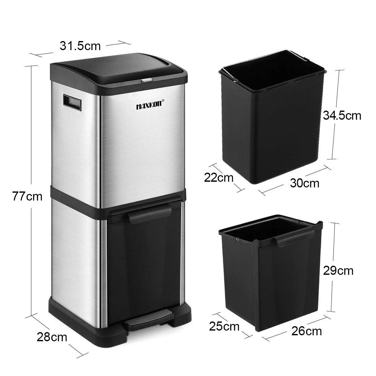 2 Maxkon 34L Rubbish Bin Pedal Dustbin Kitchen Waste Garbage Trash Can Household Stepbin Dual Two Layer Press Top, 2 of 7