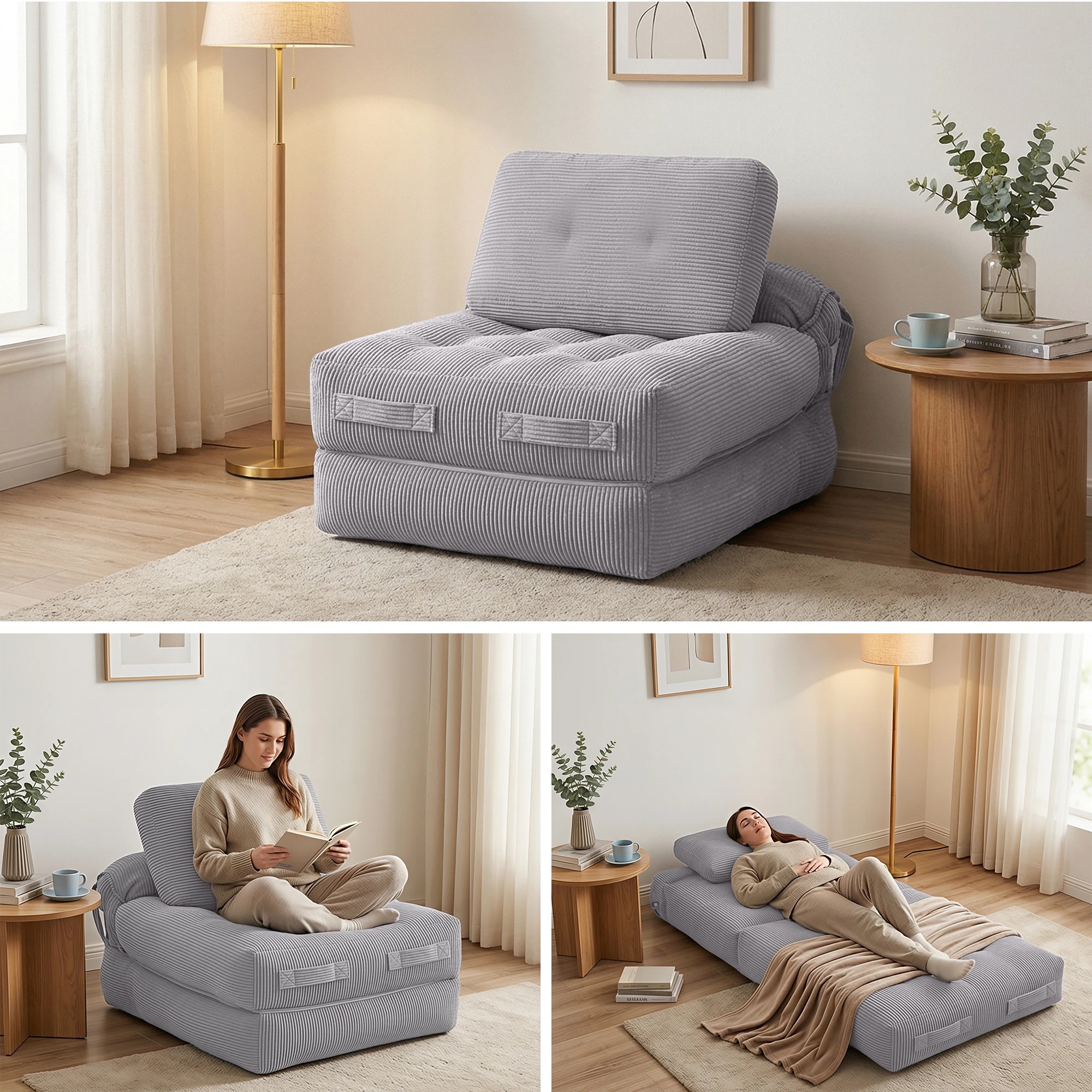9 Artiss 1 Seater Corduroy Convertible Sofa Bed Pull Out Boneless Couch - Grey, 9 of 9