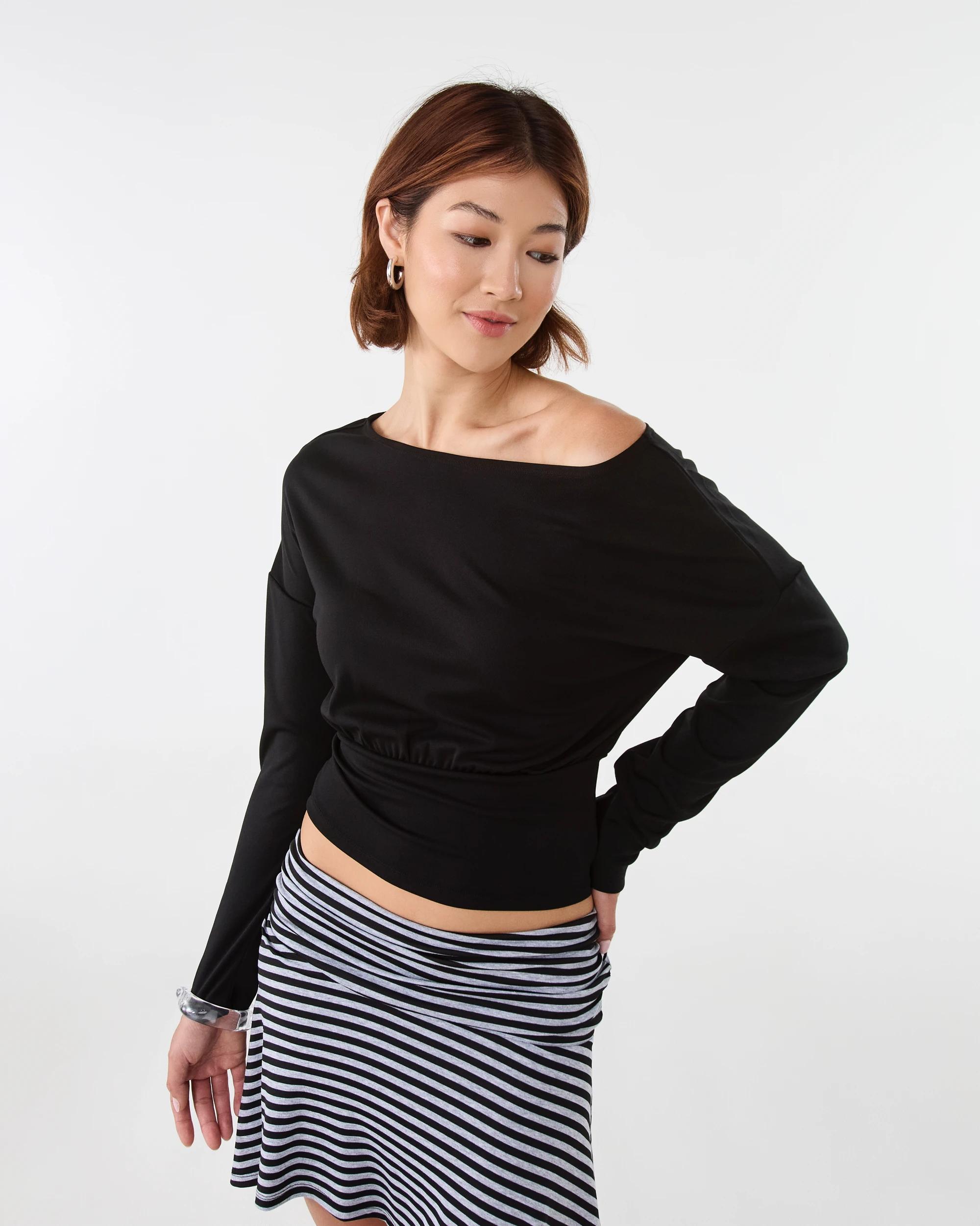 1 Long Sleeve Off the Shoulder Top Black, 1 of 7