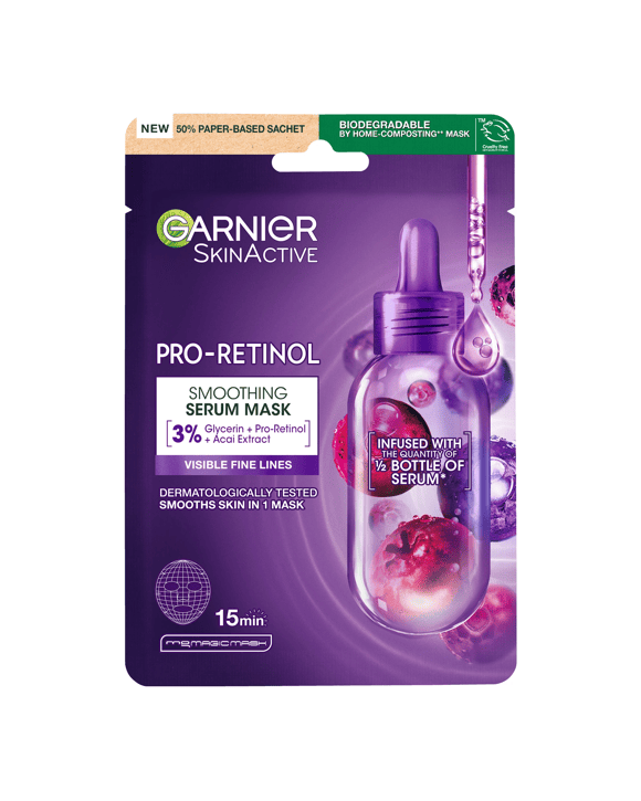 Garnier SkinActive Smoothing Serum Mask 28g - Glycerin, Pro-Retinol and Acai Extract