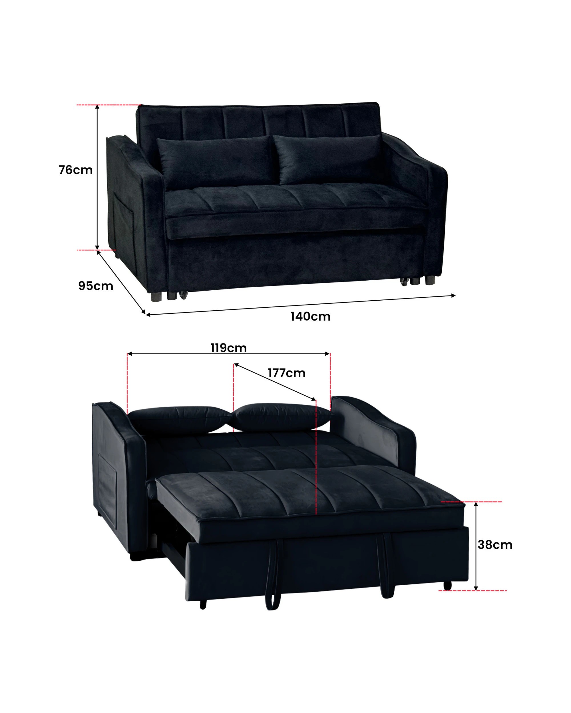 3 Sarantino Fenton Velvet 2-Seater Sofa Bed - Black, 3 of 9