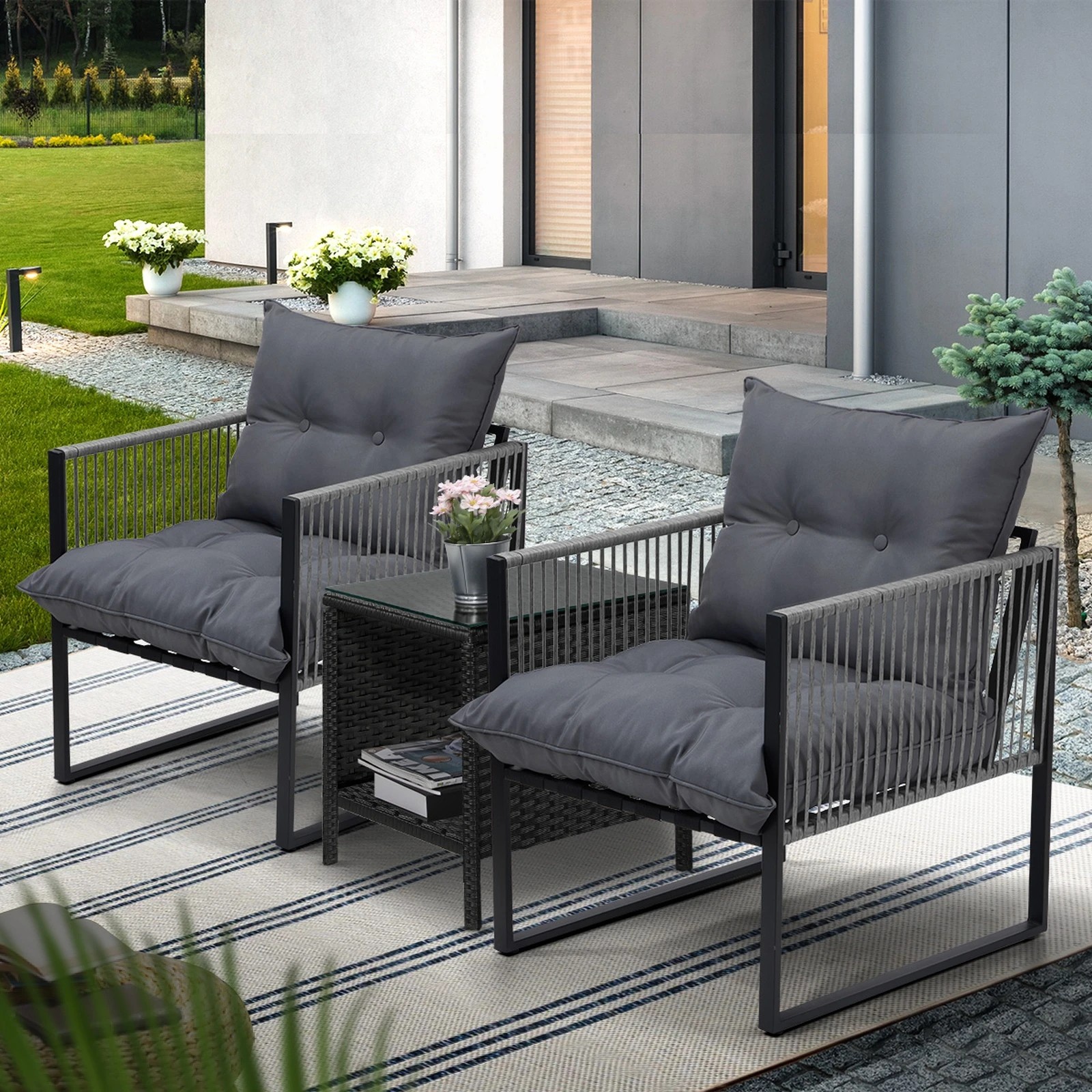 4 Livsip 3PCS Outdoor Patio Set Wicker Furniture Dining Table Chairs Setting - Multi, 4 of 9
