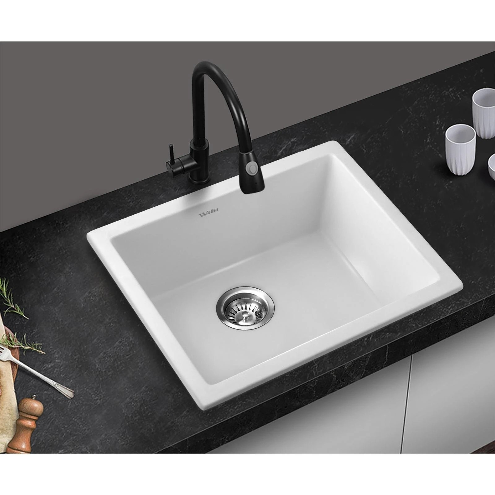 3 Welba Kitchen Sink 55x45cm Granite Stone Sink Laundry Basin Single Bowl - White, 3 of 7