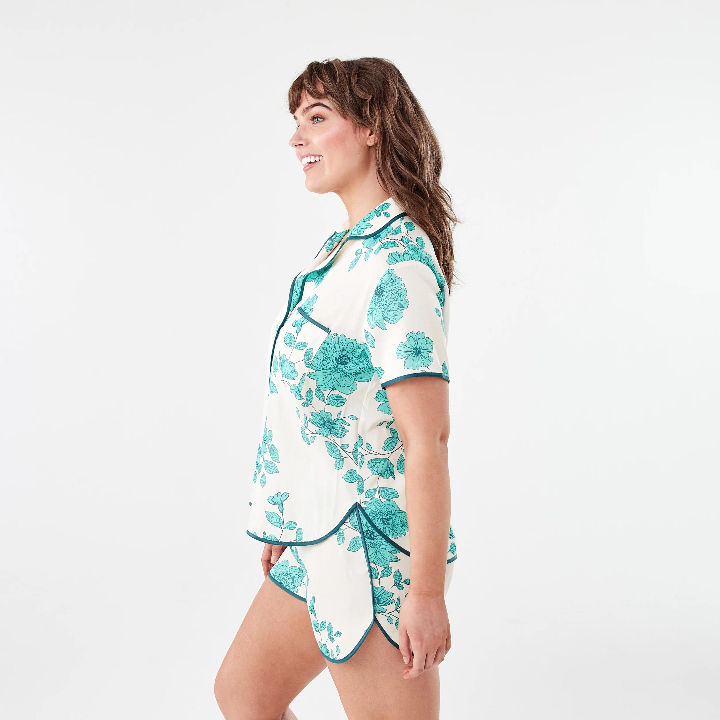 2 Short Sleeve Top and Shorts Matte Satin Pyjama Set GREEN FLORAL DEEP MINT, 2 of 8