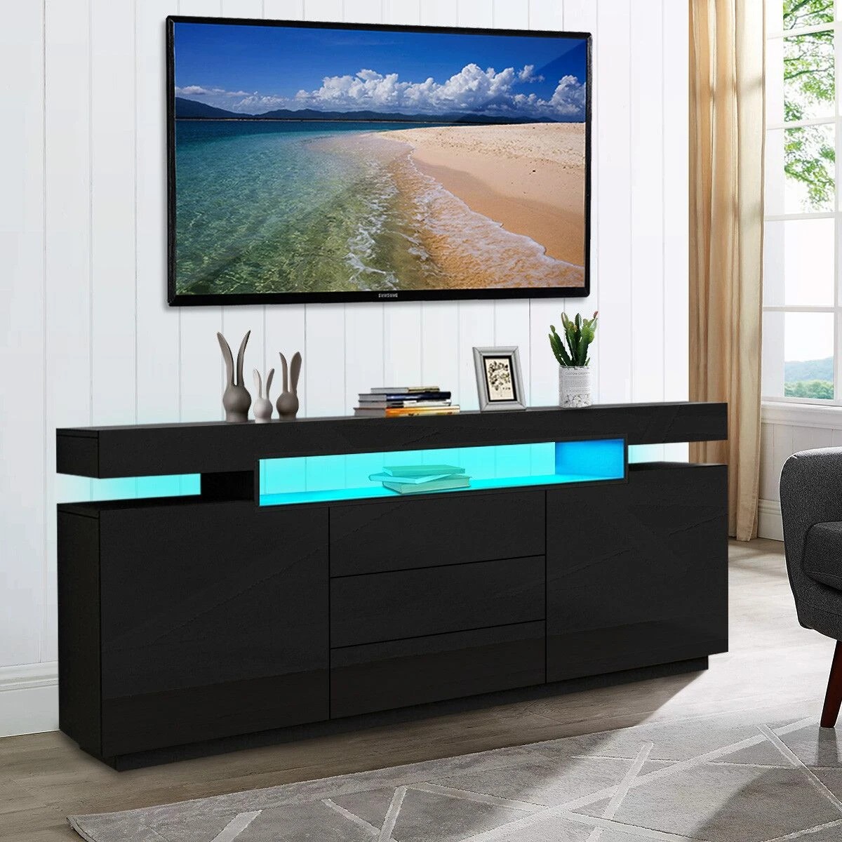 5 Ausway LED Sideboard TV Stand Cabinet Entertainment Unit Buffet Table High Gloss 3 Drawers, 5 of 7
