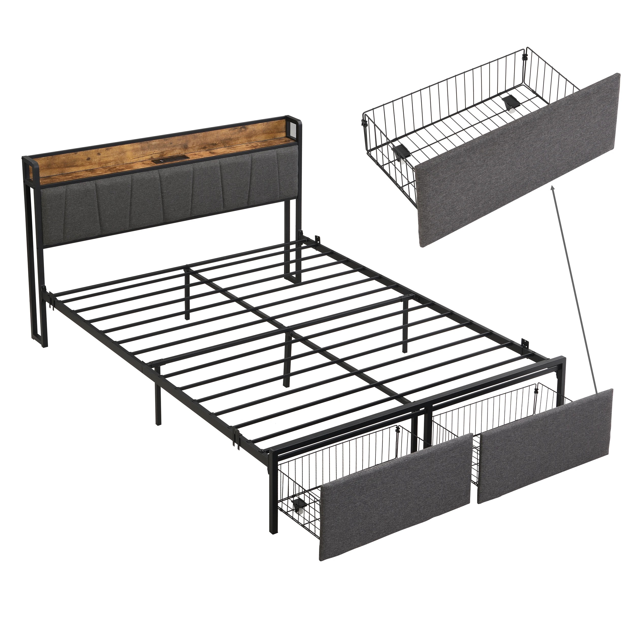 9 IHOMDEC BED04 Double Bed Frame Charging Station 2 Drawers - Grey - Grey, 9 of 10