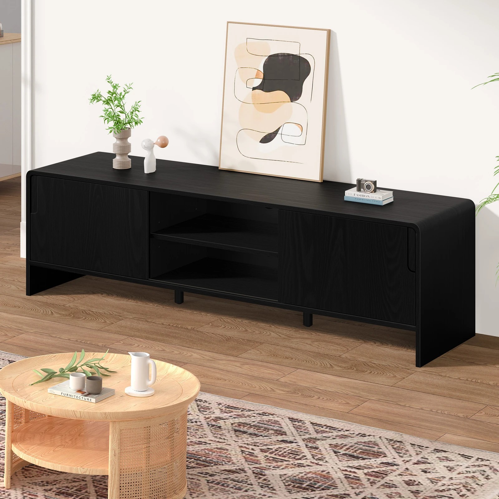 6 Alfordson Entertainment Unit TV Cabinet Stand 150cm Storage Sliding Doors Shelf - Black, 6 of 10