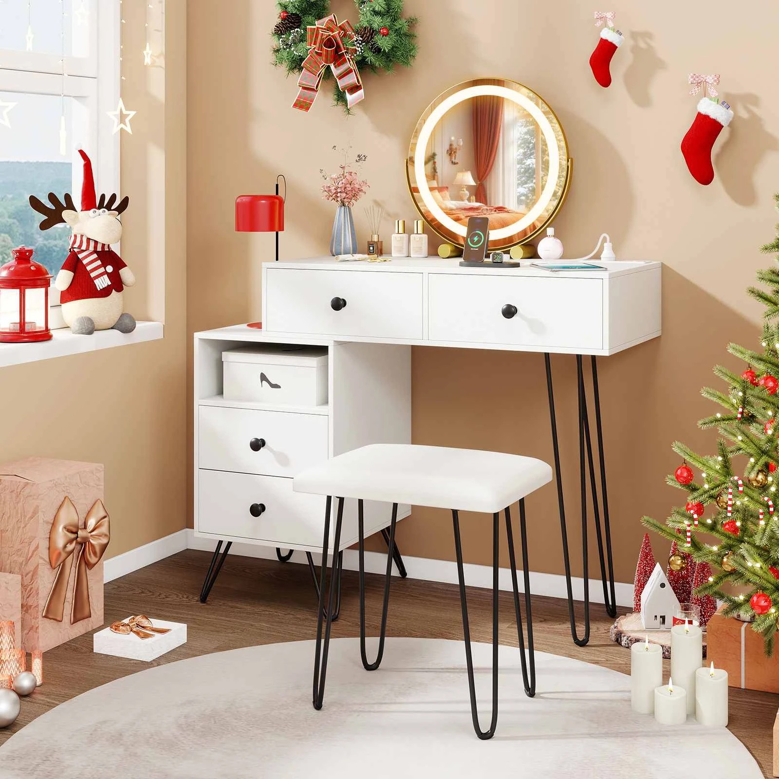 4 Costway Makeup Vanity Desk Rotatable Mirror Dressing Table Chair Set w/Charging Station, 4 of 5