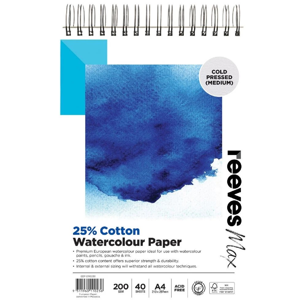 1 Reeves Max A4 Watercolour Pad 25% Cotton 200gsm 40 Sheets, 1 of 5