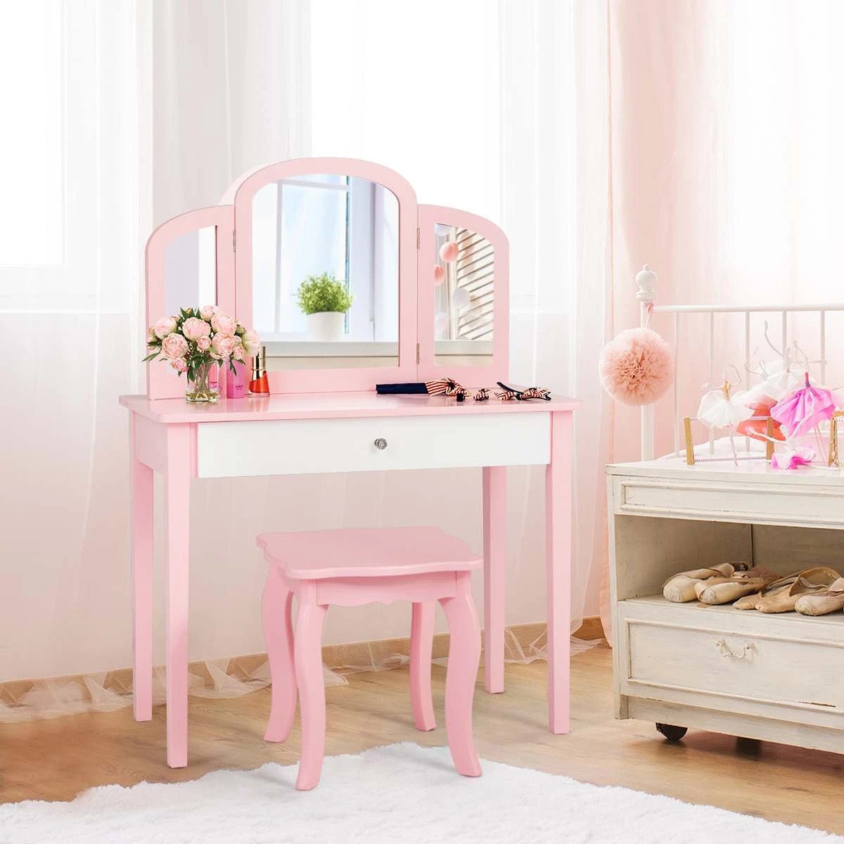 2 Costway Makeup Dressing Table Stool Set Folding Mirror Pink, 2 of 4