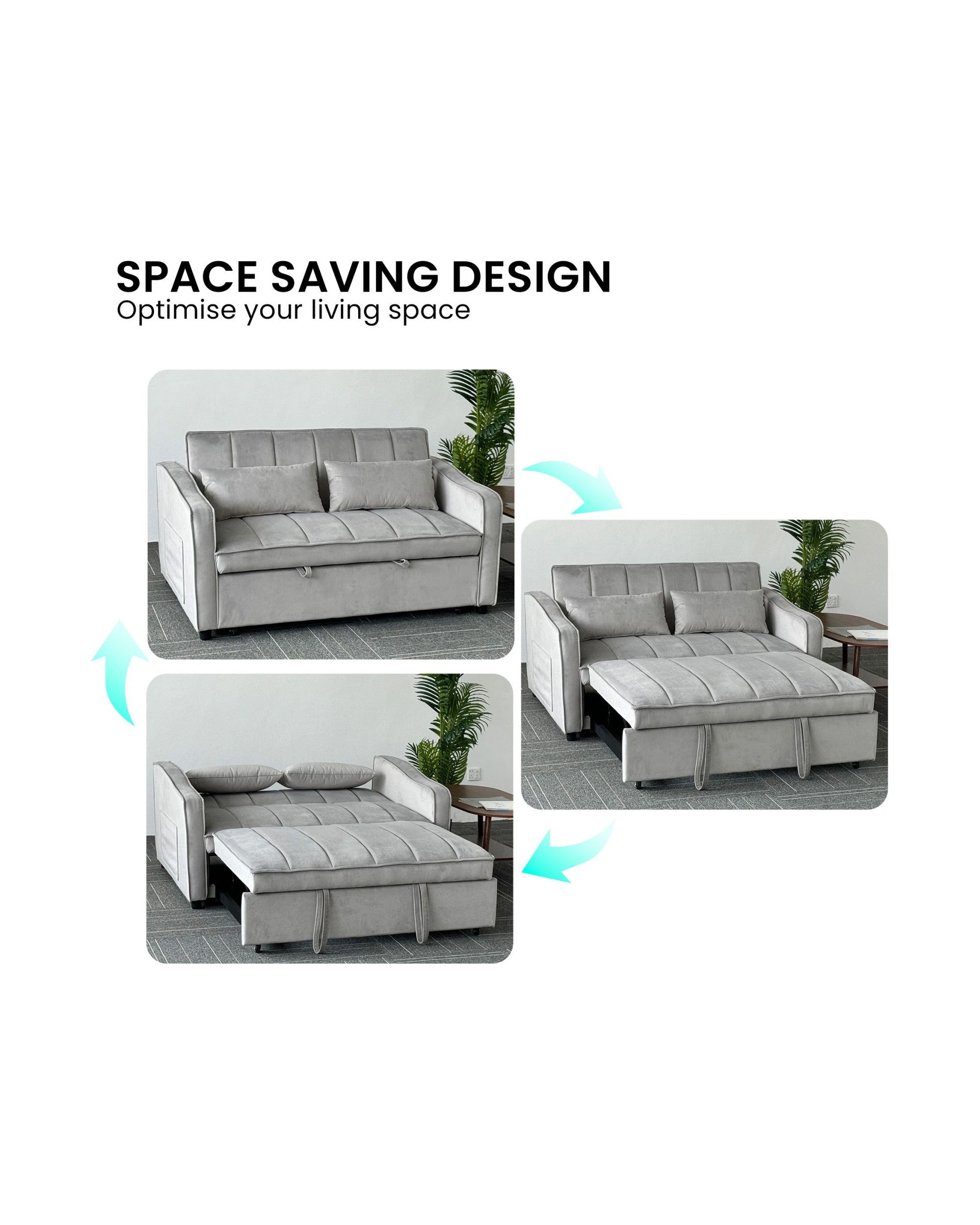 4 Sarantino Fenton Velvet 2-Seater Sofa Bed - Light Grey, 4 of 9