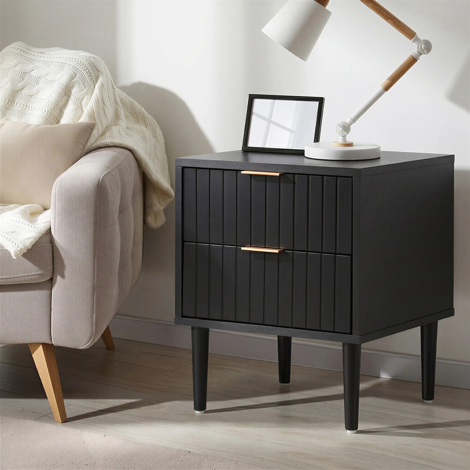 4 Oikiture 2pc Bedside Table 2 Drawers Side Storage Cabinet Metal Handle - Black, 4 of 8