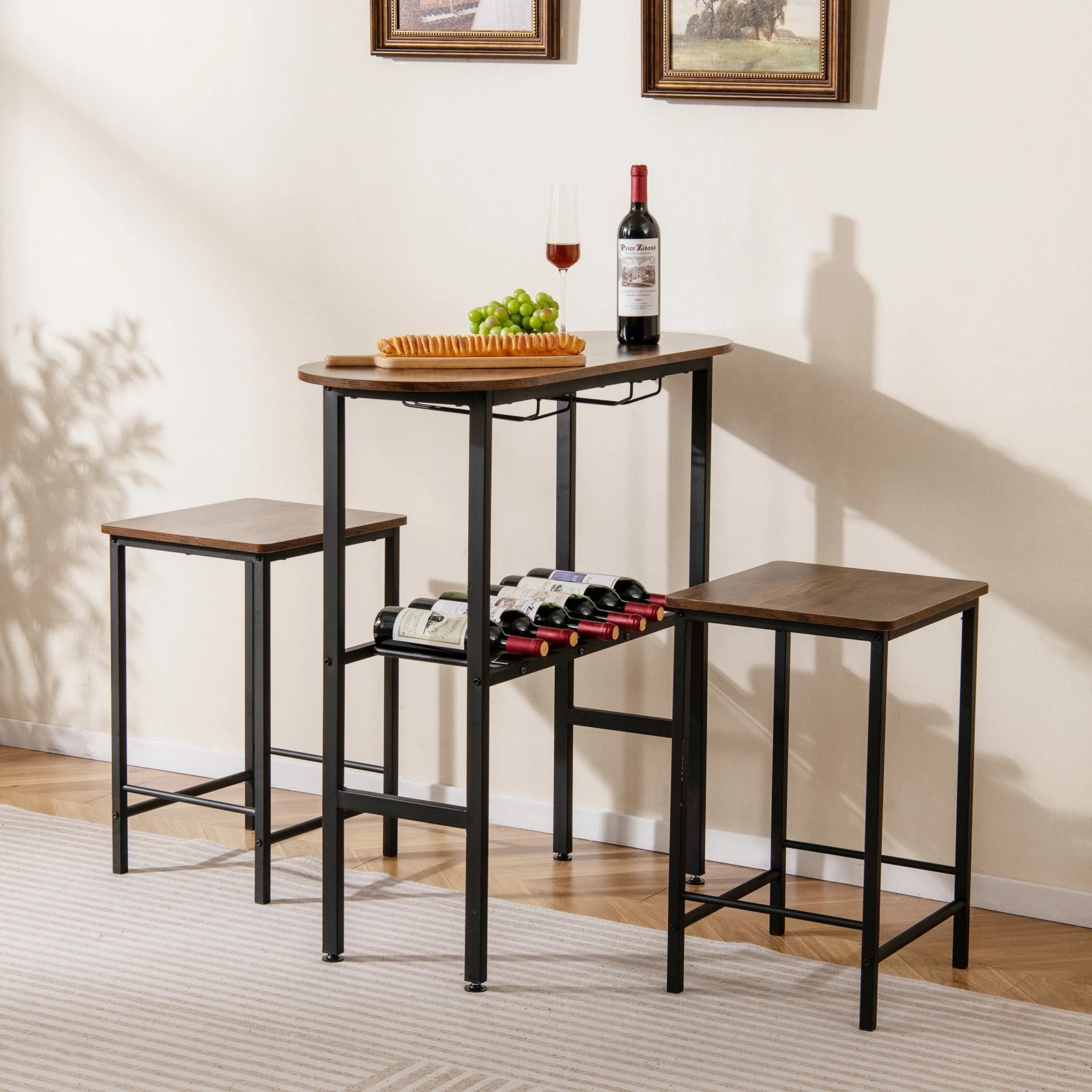 3 Costway 3PCS Dining Table Set & 2 Stools w/Storage Rack Glass Holder Footrest Metal Frame, 3 of 4