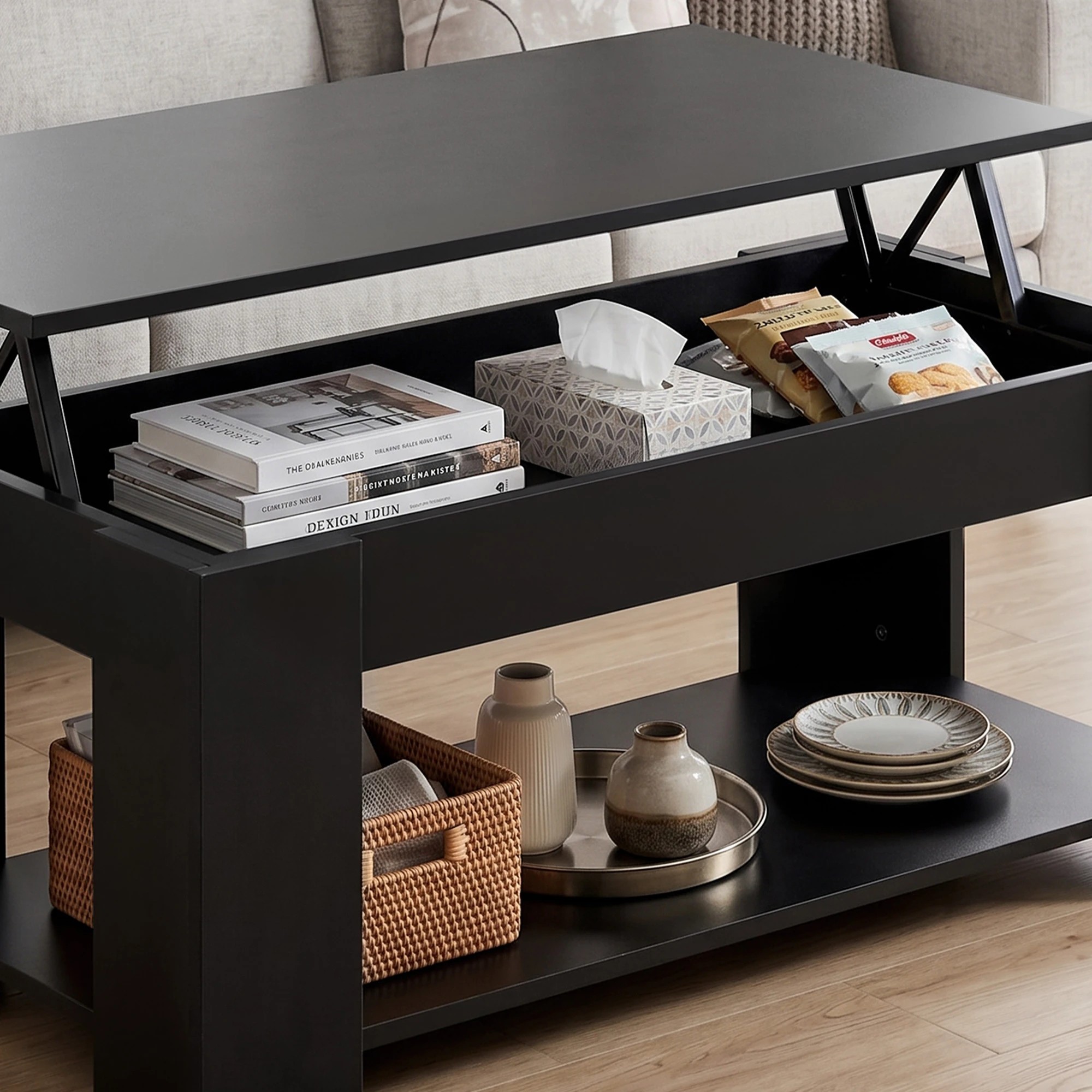 8 Artiss Floating TV Unit & Lift Up Coffee Table Set with Hidden Storage Space High Gloss Front - Black, 8 of 10