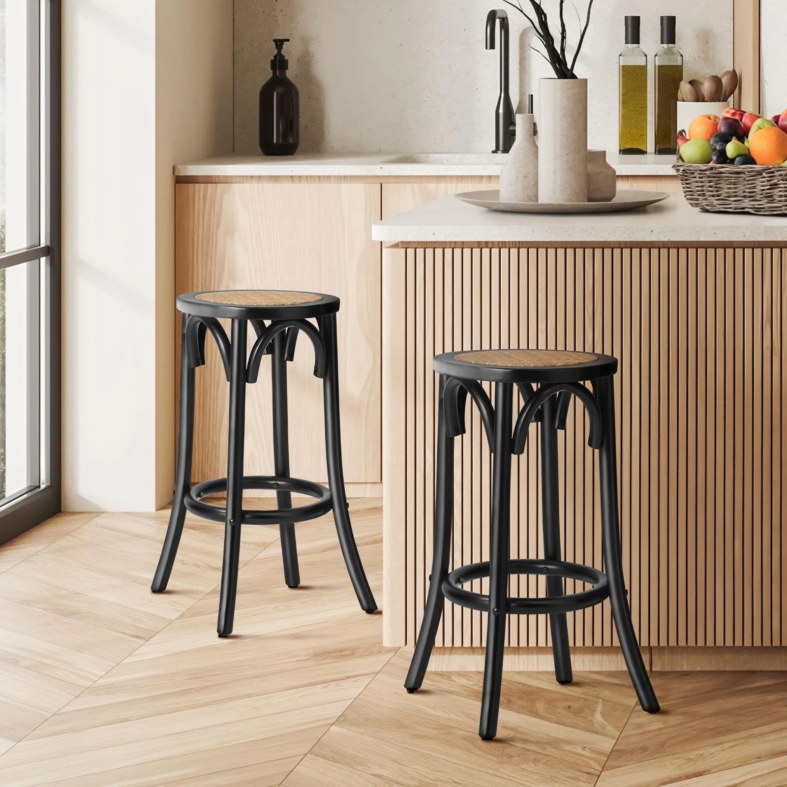 2 Oikiture 2x Bar Stools Kitchen Vintage Dining Chair Rattan Seat
 - Black, 2 of 10