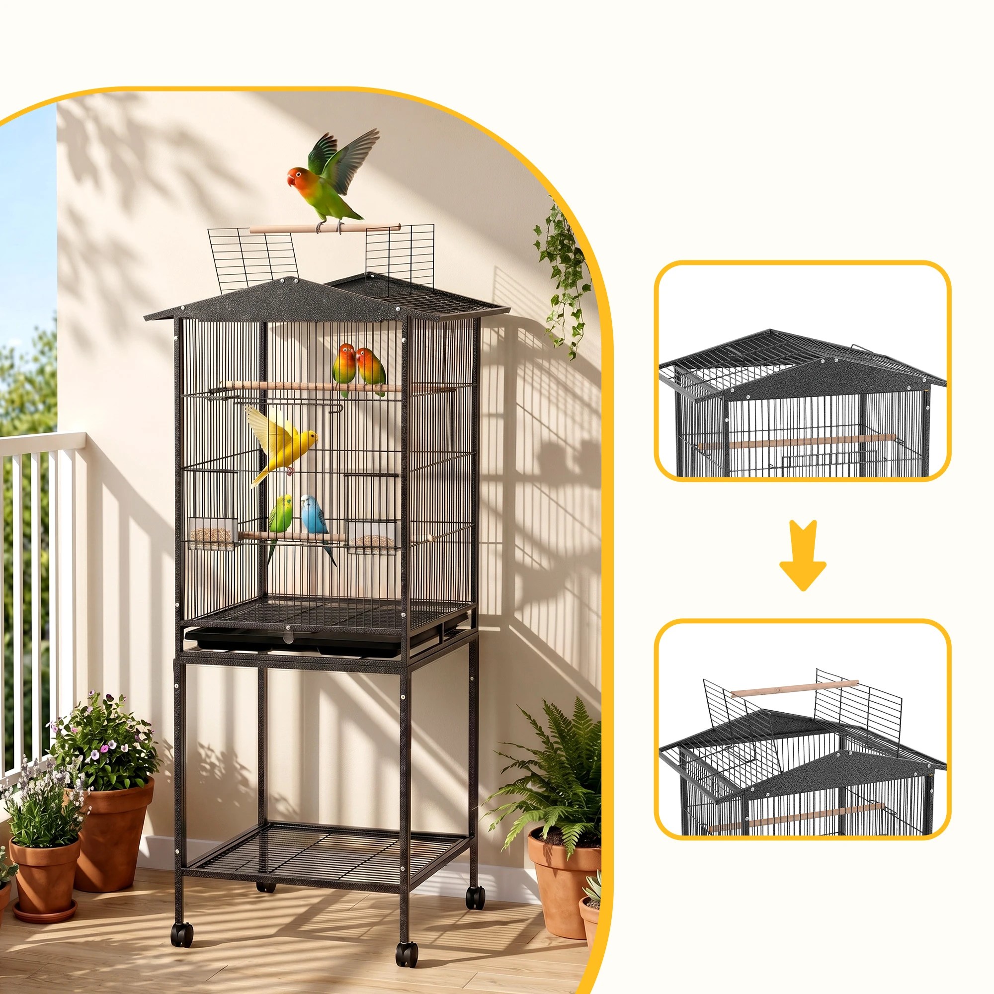 5 i.Pet 136cm Bird Cage Aviary Open Top Parrot Budgie Stand Wheels Black - Black, 5 of 8