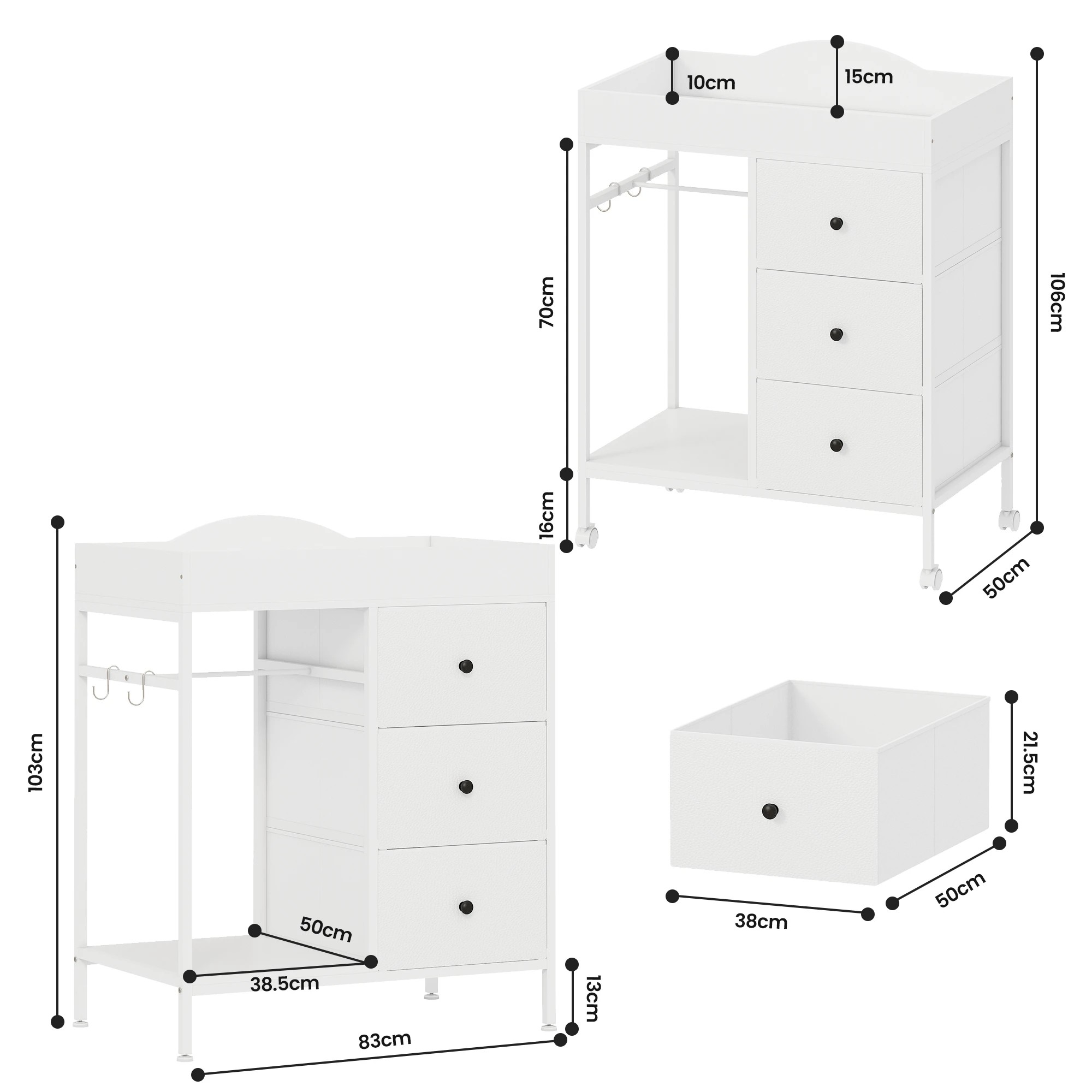 3 Advwin 3-Drawer Baby Change Table with Clothes Rail Lockable Casters - White, 3 of 9