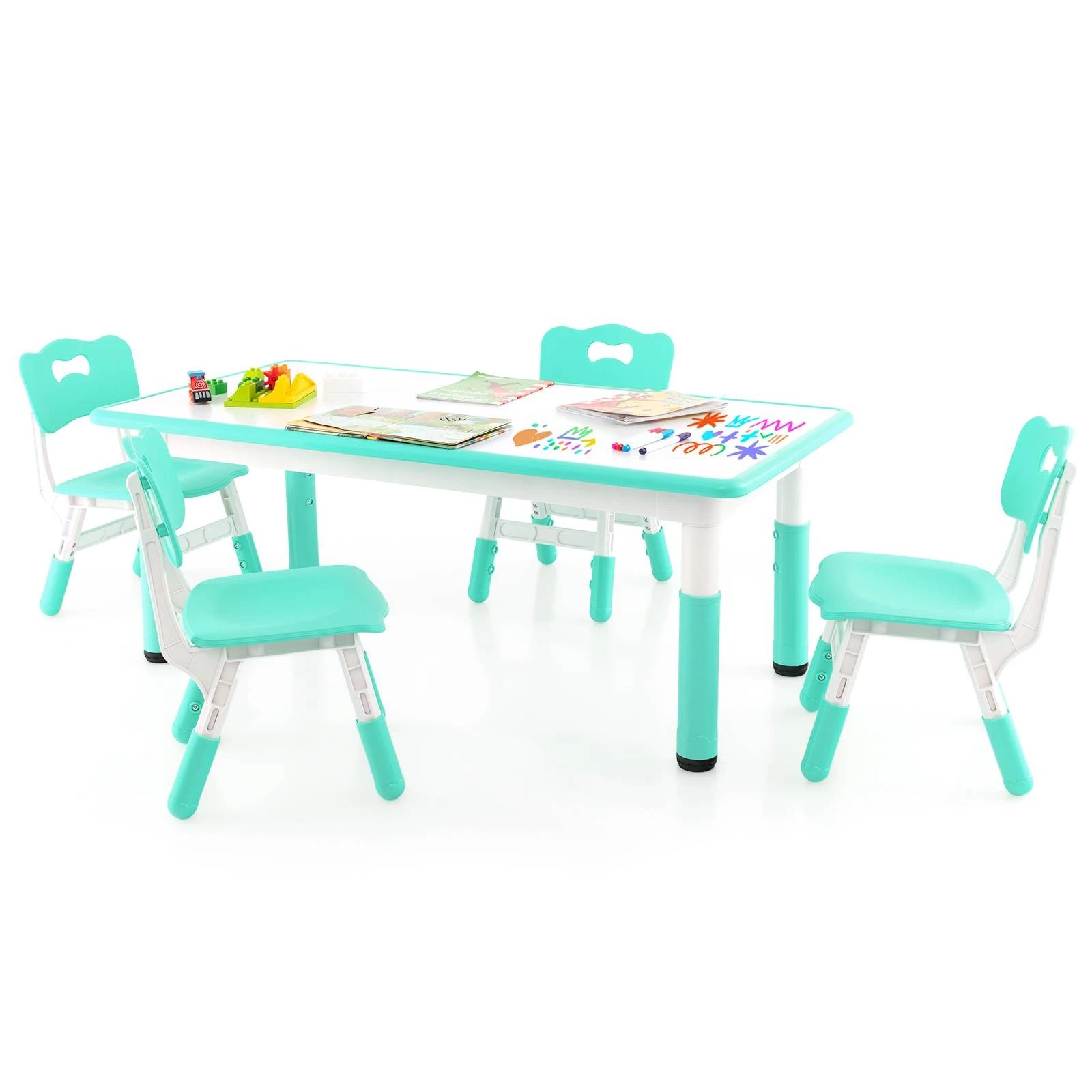 1 Costway Table & Chairs Set Height Adjustable Table & Chairs Set Art Study Activity Table - Green, 1 of 1