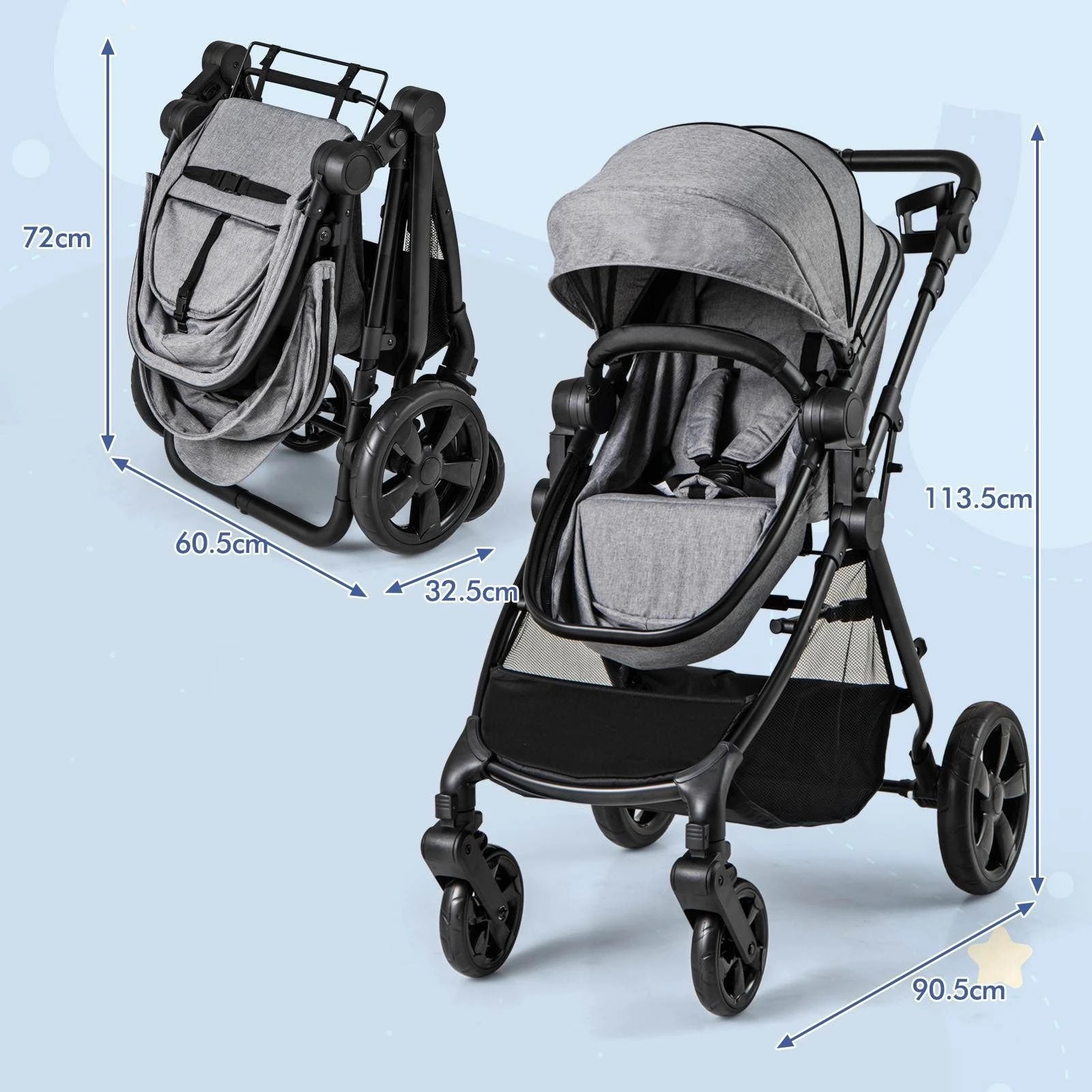 2 Costway Convertible Pram Folding Stroller - Grey, 2 of 6