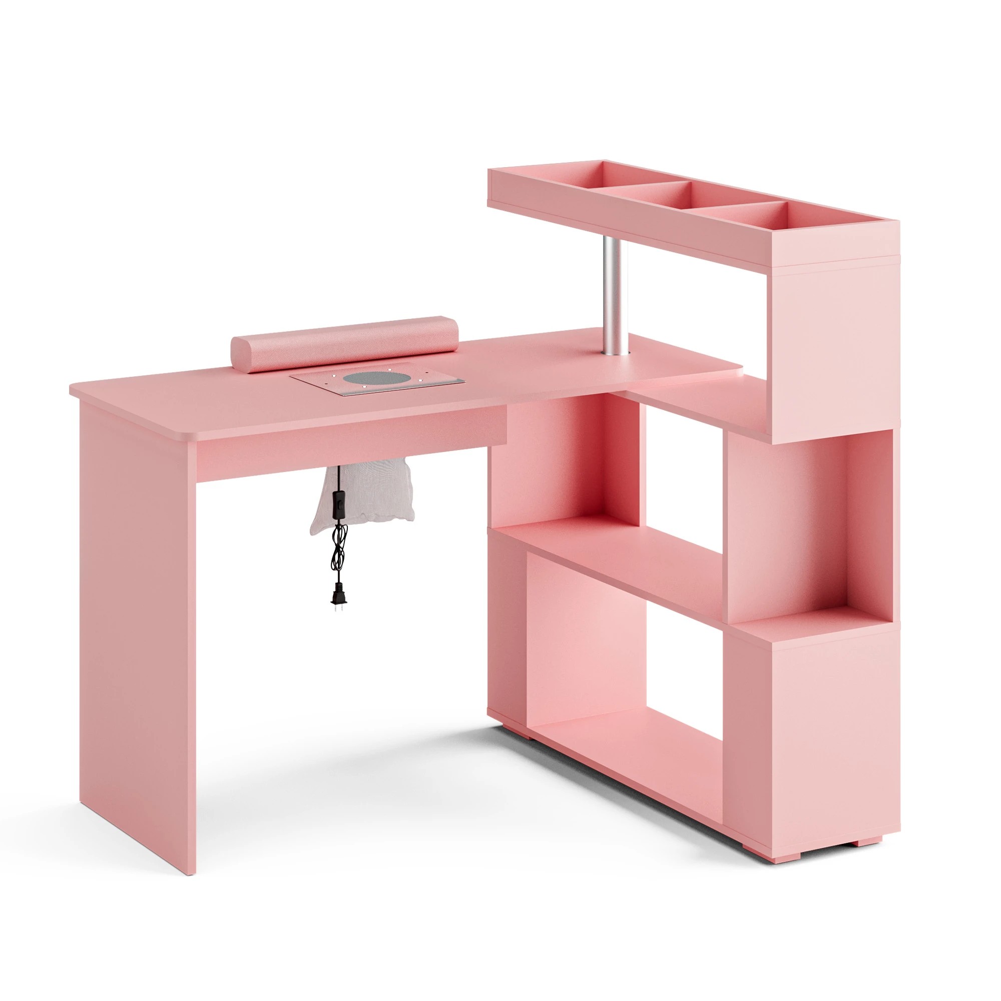 1 Advwin Manicure Table Dressing Nail Tech Desk with Dust Collector Rotating Reversible L-Shaped Salon Workstation - Pink, 1 of 8