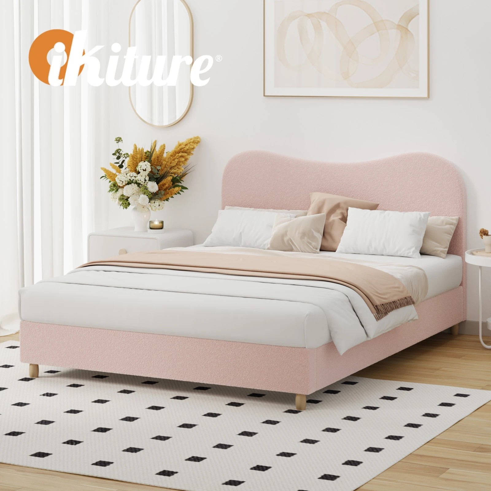 7 Oikiture Bed Frame Double Size Boucle Cloud Shape Headboard - Pink, 7 of 9