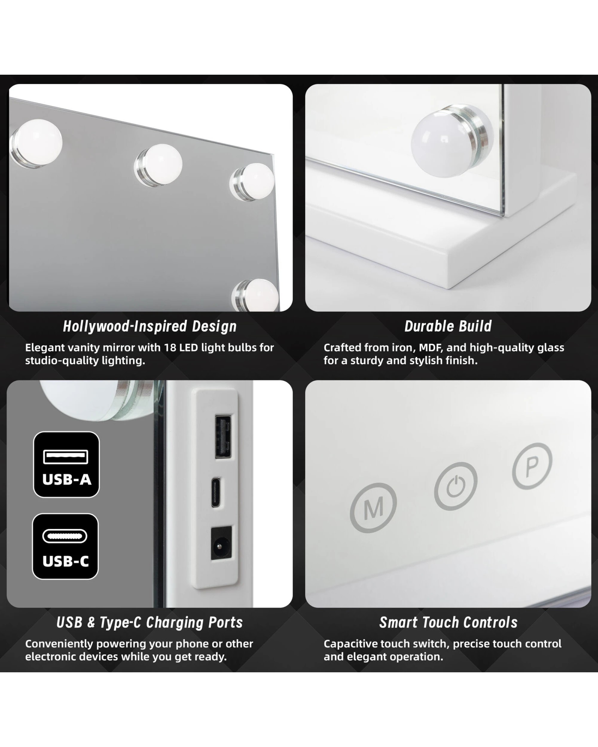 4 Lenoxx LED Beauty Mirror with 18 Bulbs, Colour Settings, USB A and USB C, White, 80 x 62cm, 4 of 4