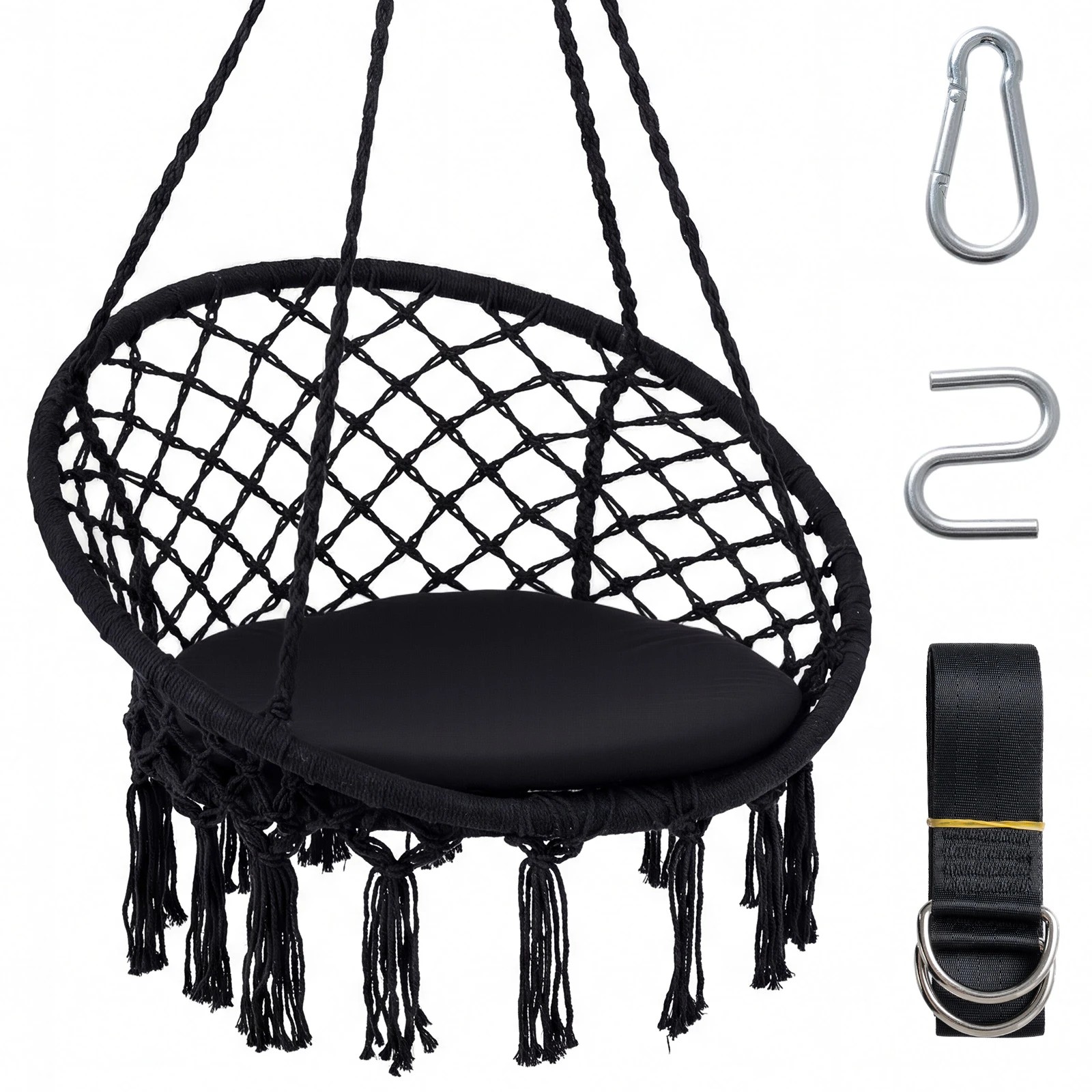 1 Costway Macrame Hammock Chair Boho Rope Hanging Swing Chair - Black, 1 of 4