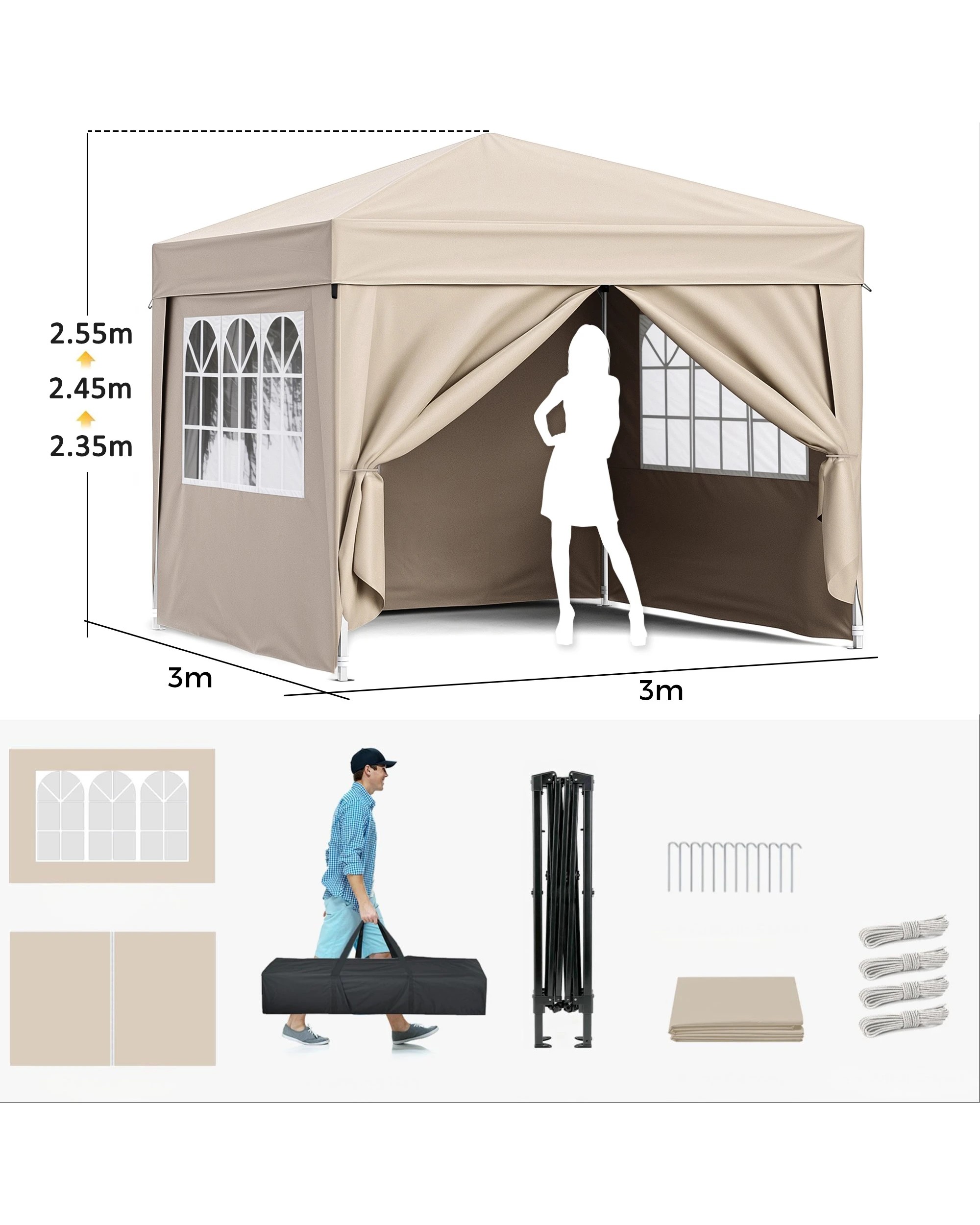 2 Advwin Gazebo Marquee 3x3m Folding Pop-up Canopy with Sidewalls - Beige, 2 of 8