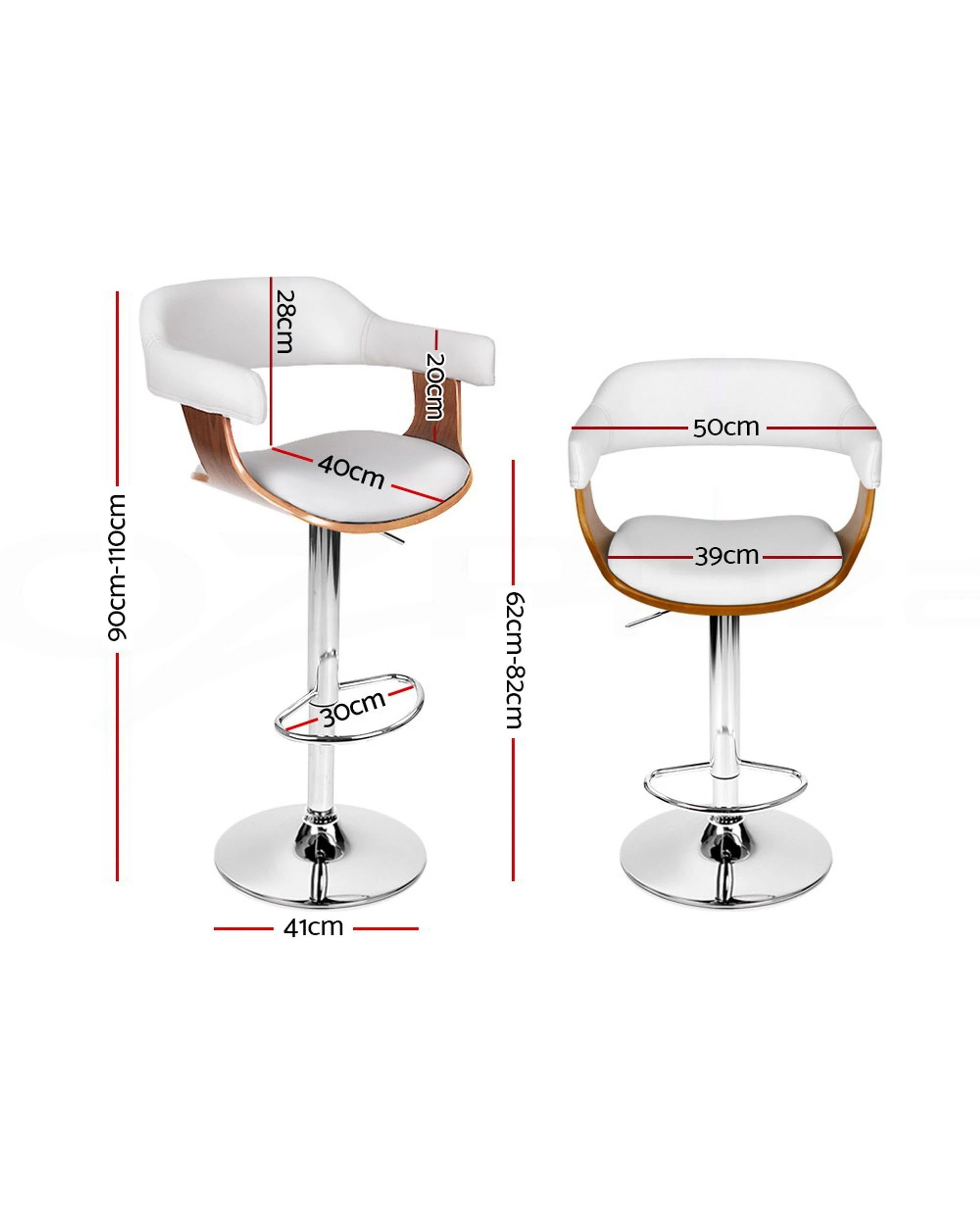 2 Artiss 2x Bar Stools Gas Lift Leather W/armrest
 - White, 2 of 3