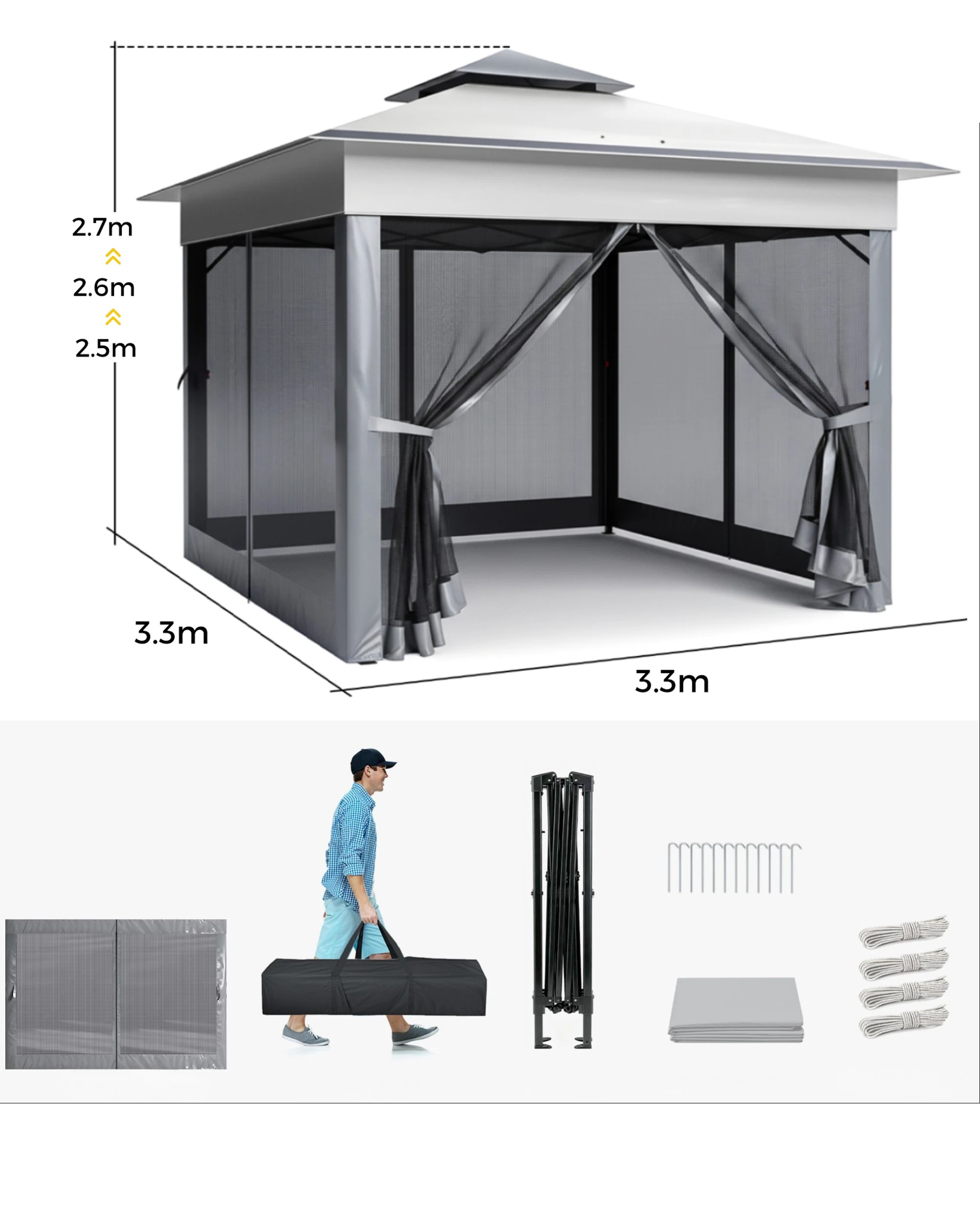 2 Advwin 3.3x3.3m Gazebo Marquee Pop-up Folding Canopy with 4 Mesh Panels, 2 of 7