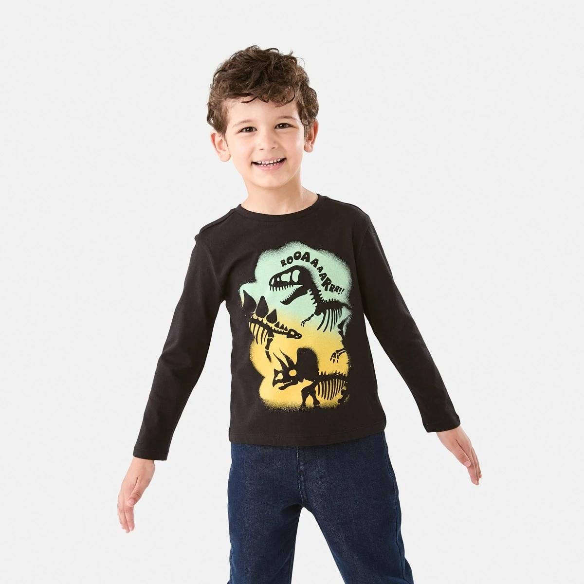 1 Long Sleeve Print T-shirt Blk Fossil, 1 of 8