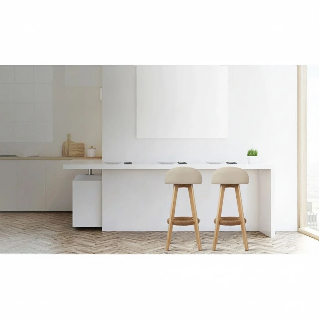 3 Artiss 2x Bar Stools Padded Leather Wooden - Beige, 3 of 8